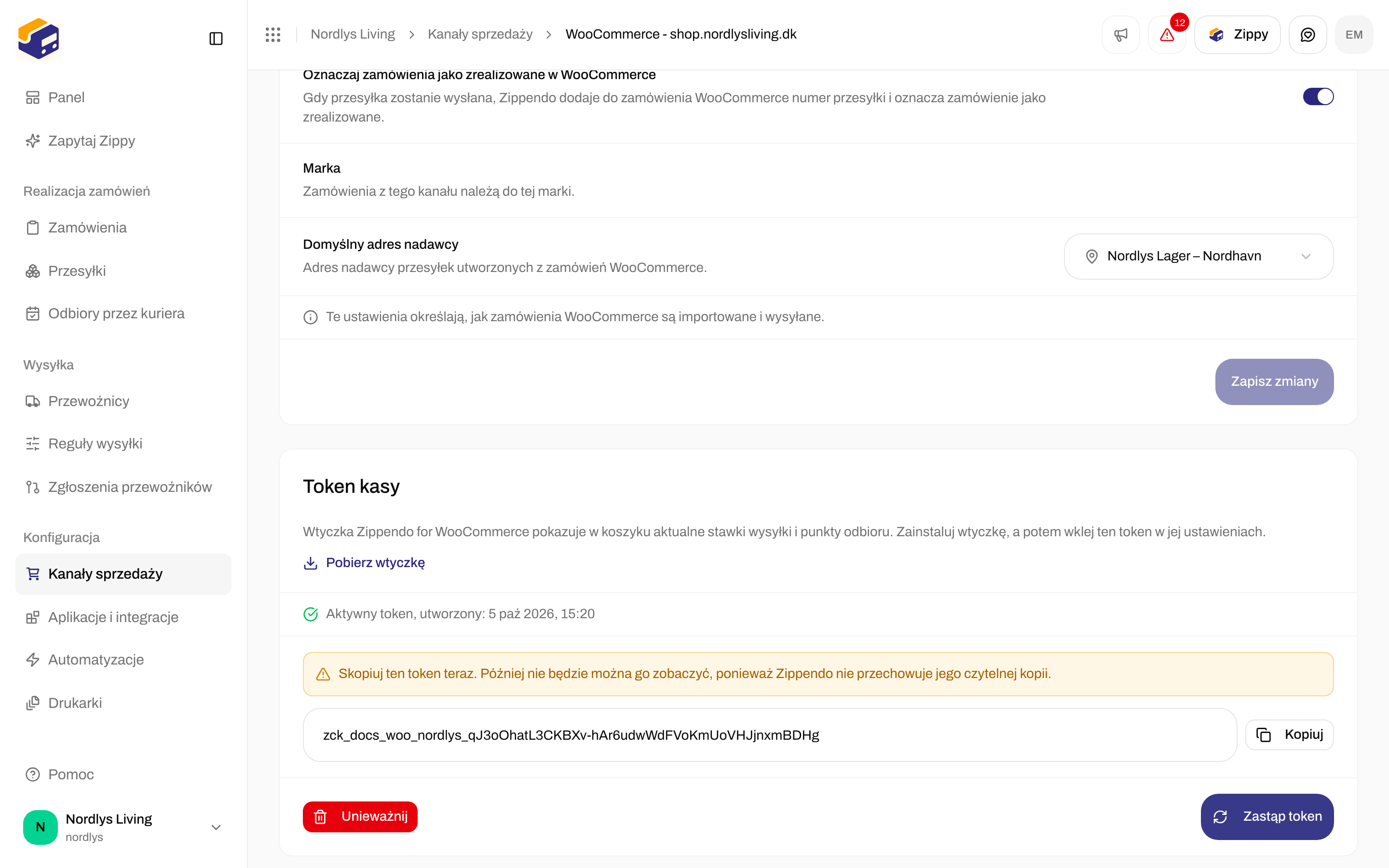 Karta tokena kasy z jednorazowym ostrzeżeniem, tokenem oraz przyciskami Kopiuj, Unieważnij i Zastąp token
