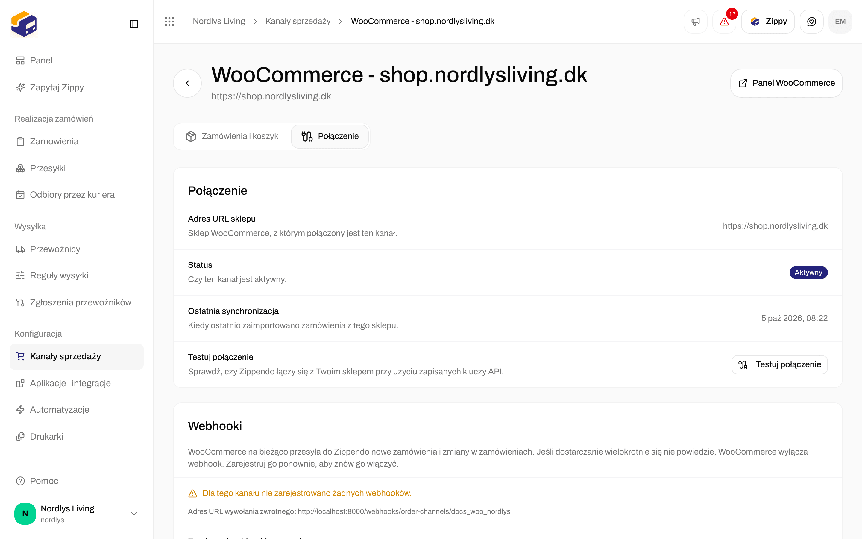 Karta WooCommerce Połączenie z polami Adres URL sklepu, Status, Ostatnia synchronizacja i przyciskiem Testuj połączenie