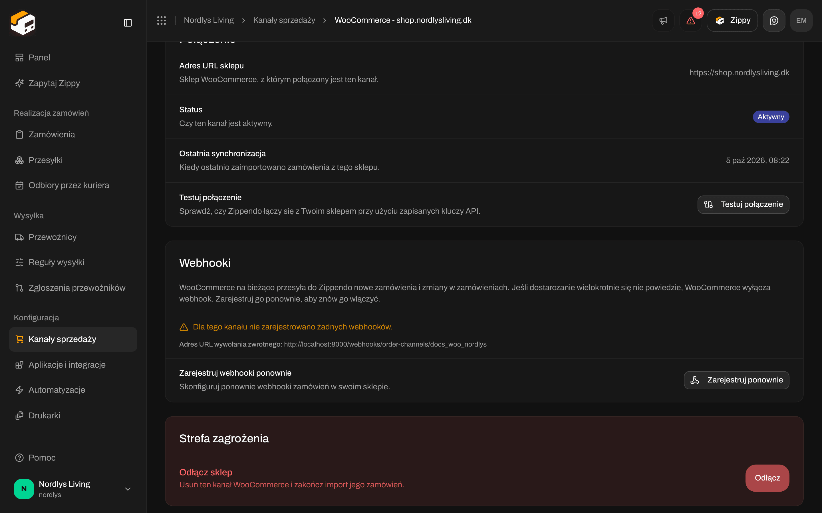 Strefa zagrożenia z opcją Odłącz sklep i przyciskiem Odłącz