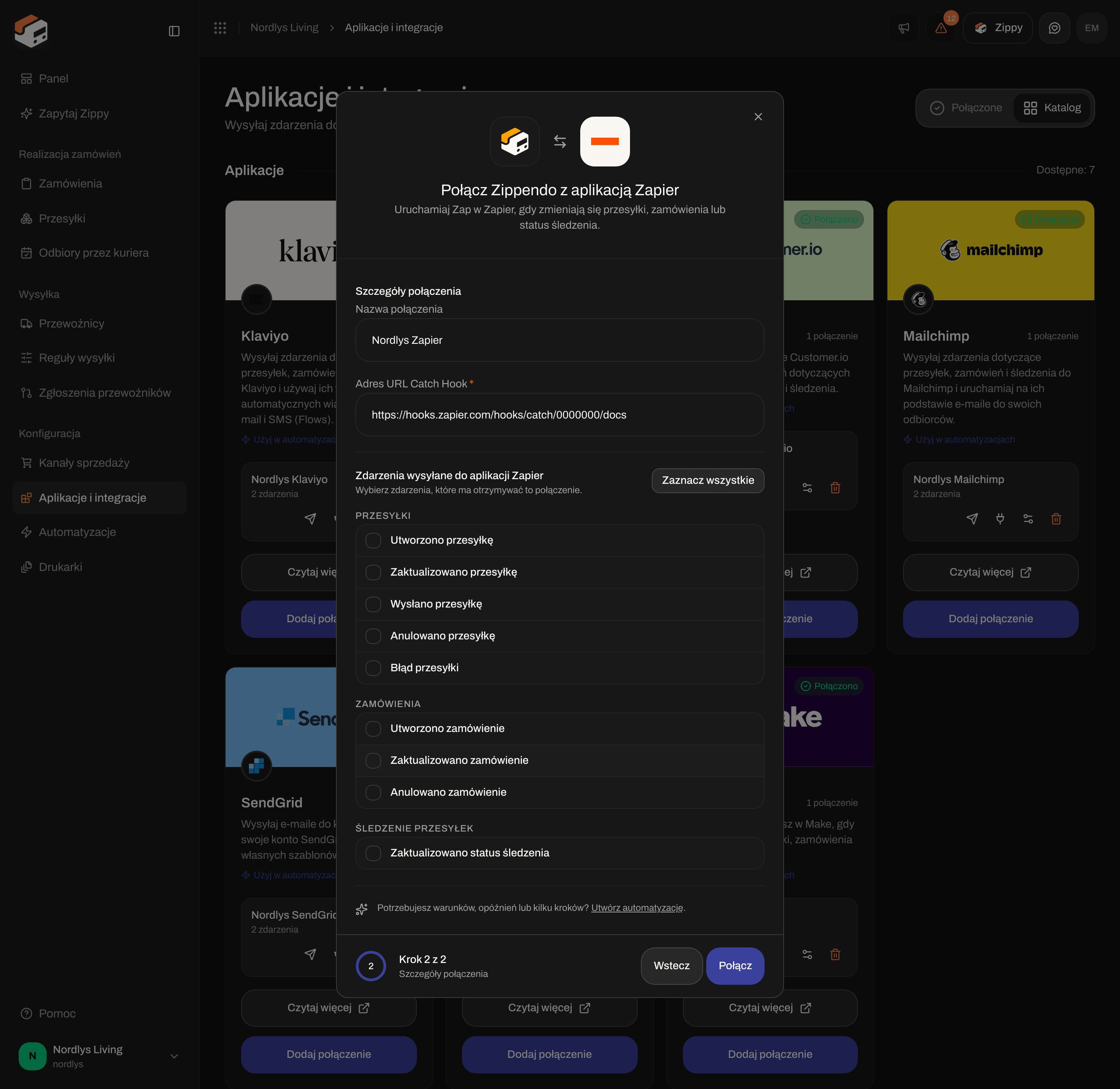 Okno połączenia Zapier z nazwą połączenia, adresem URL Catch Hook i polami wyboru zdarzeń