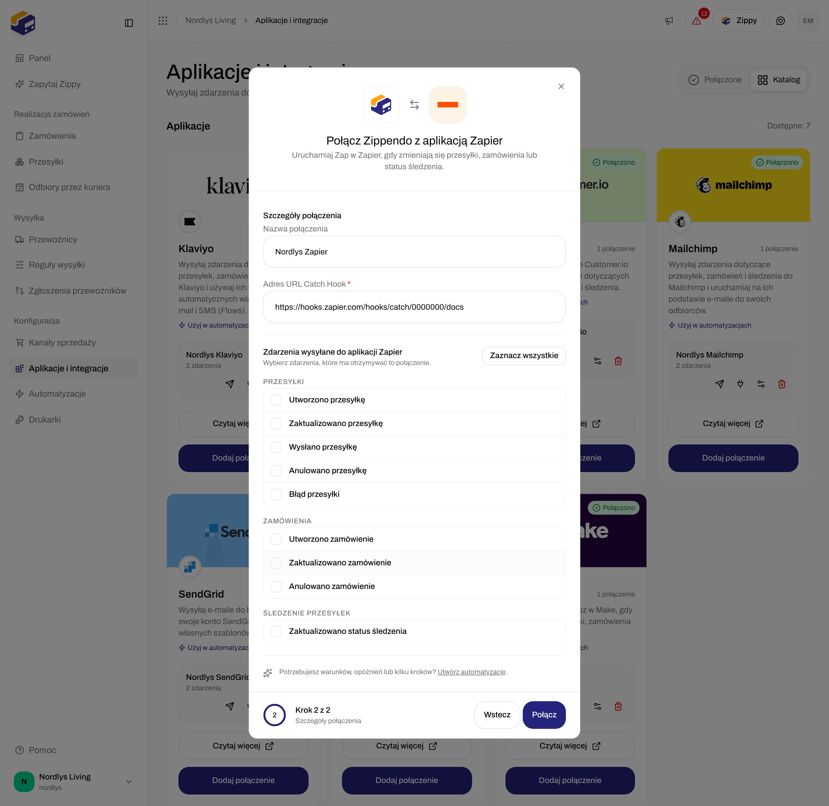 Okno połączenia Zapier z nazwą połączenia, adresem URL Catch Hook i polami wyboru zdarzeń