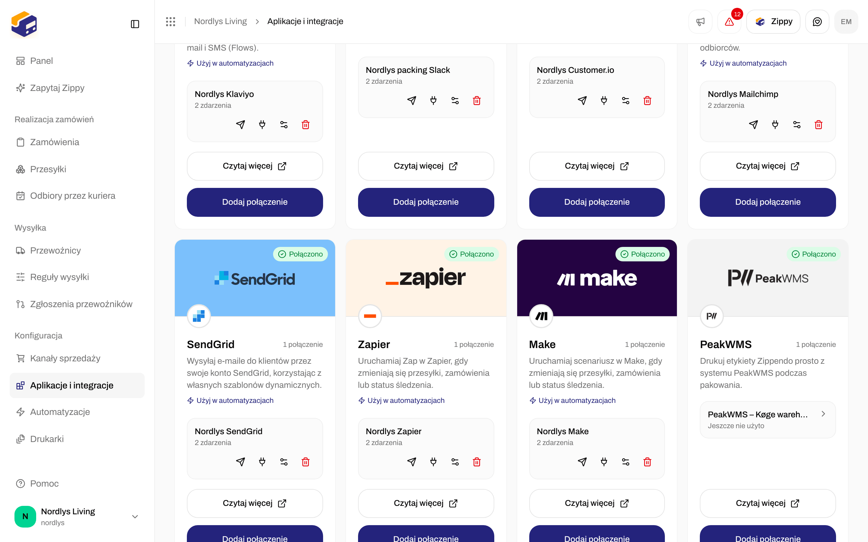 Karta Połączony z połączeniem Zapier i ikonami testu, dziennika dostarczeń, edycji i usuwania