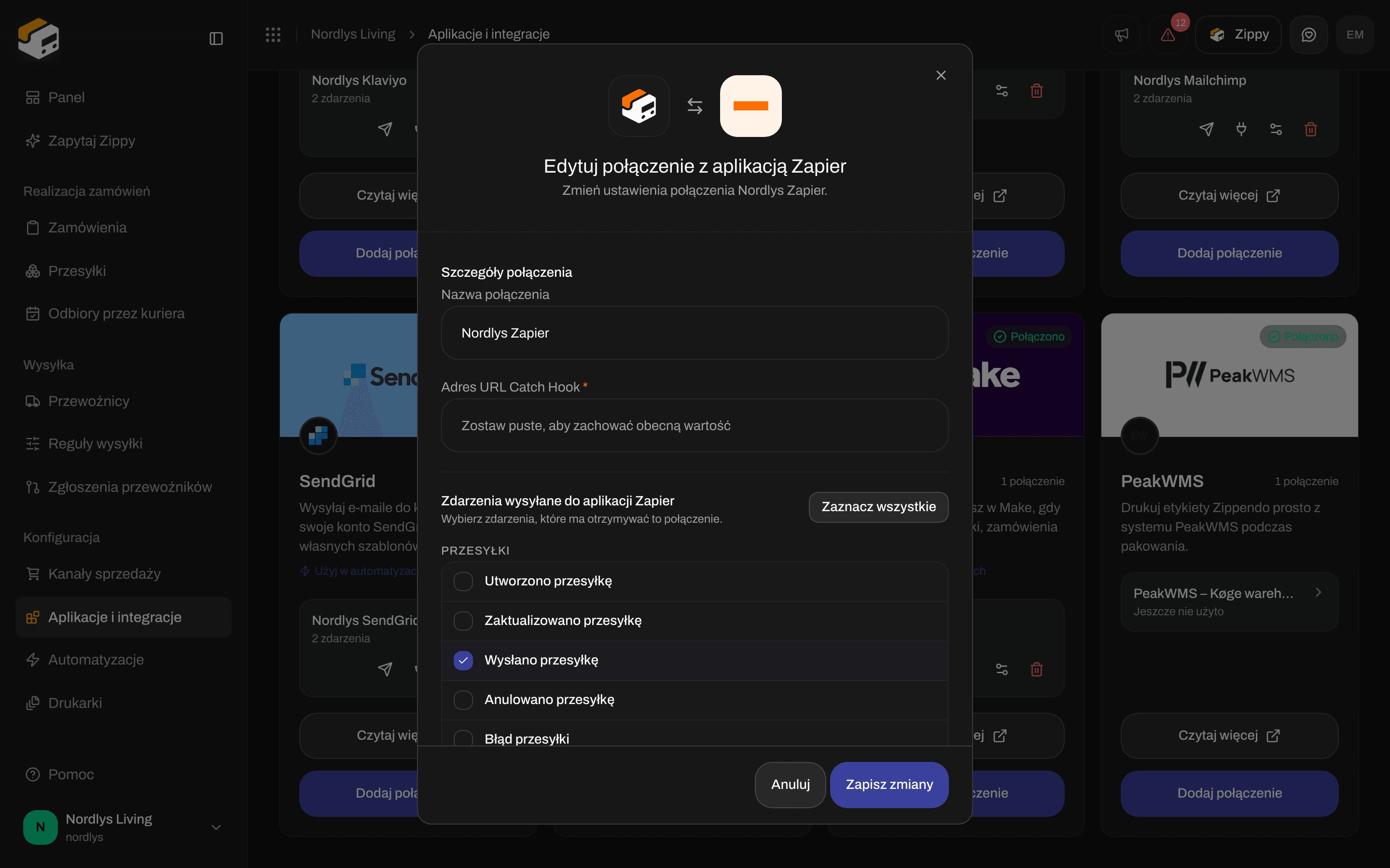 Okno edycji połączenia Zapier z nazwą połączenia, pustym polem Catch Hook i zdarzeniami