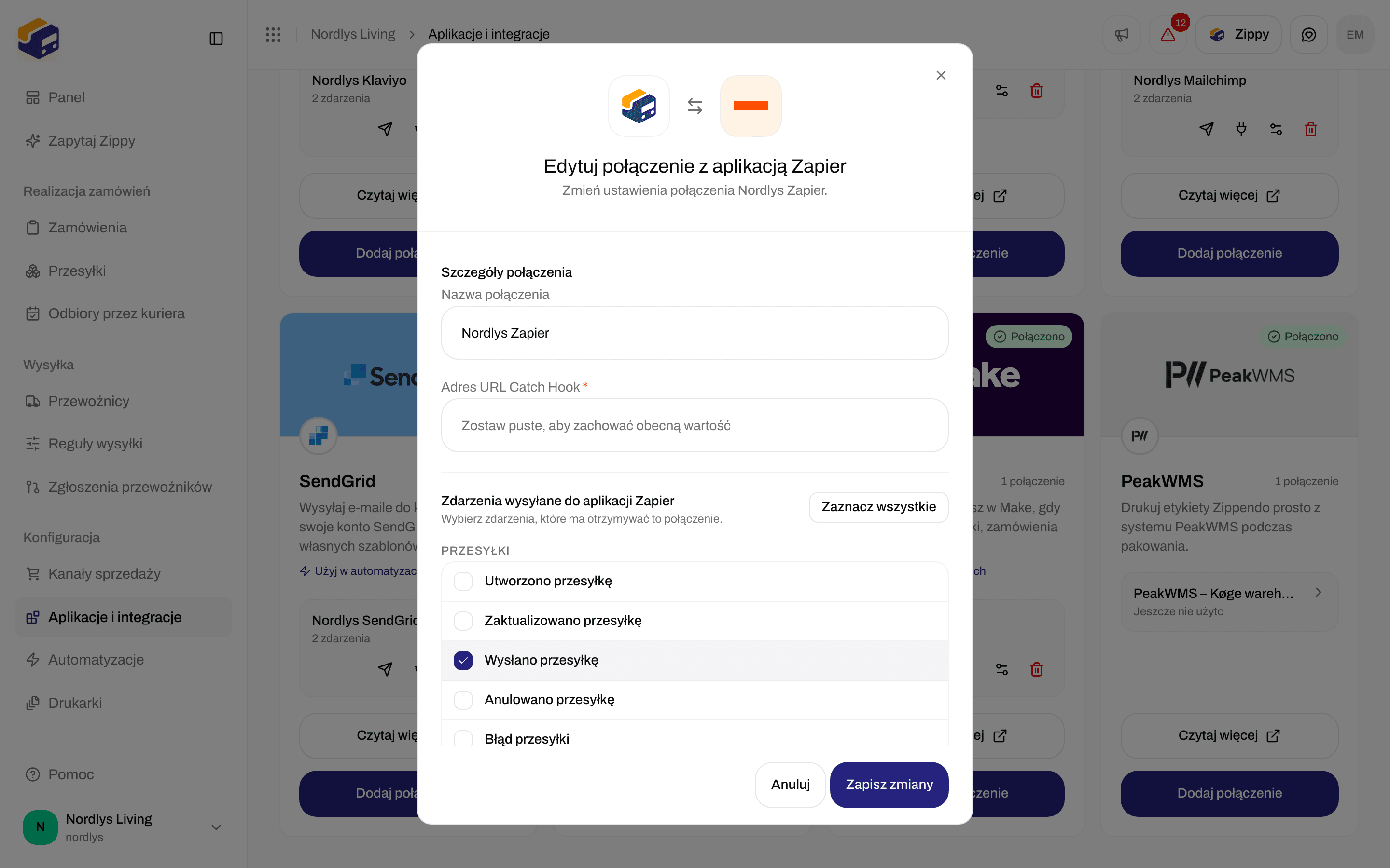 Okno edycji połączenia Zapier z nazwą połączenia, pustym polem Catch Hook i zdarzeniami