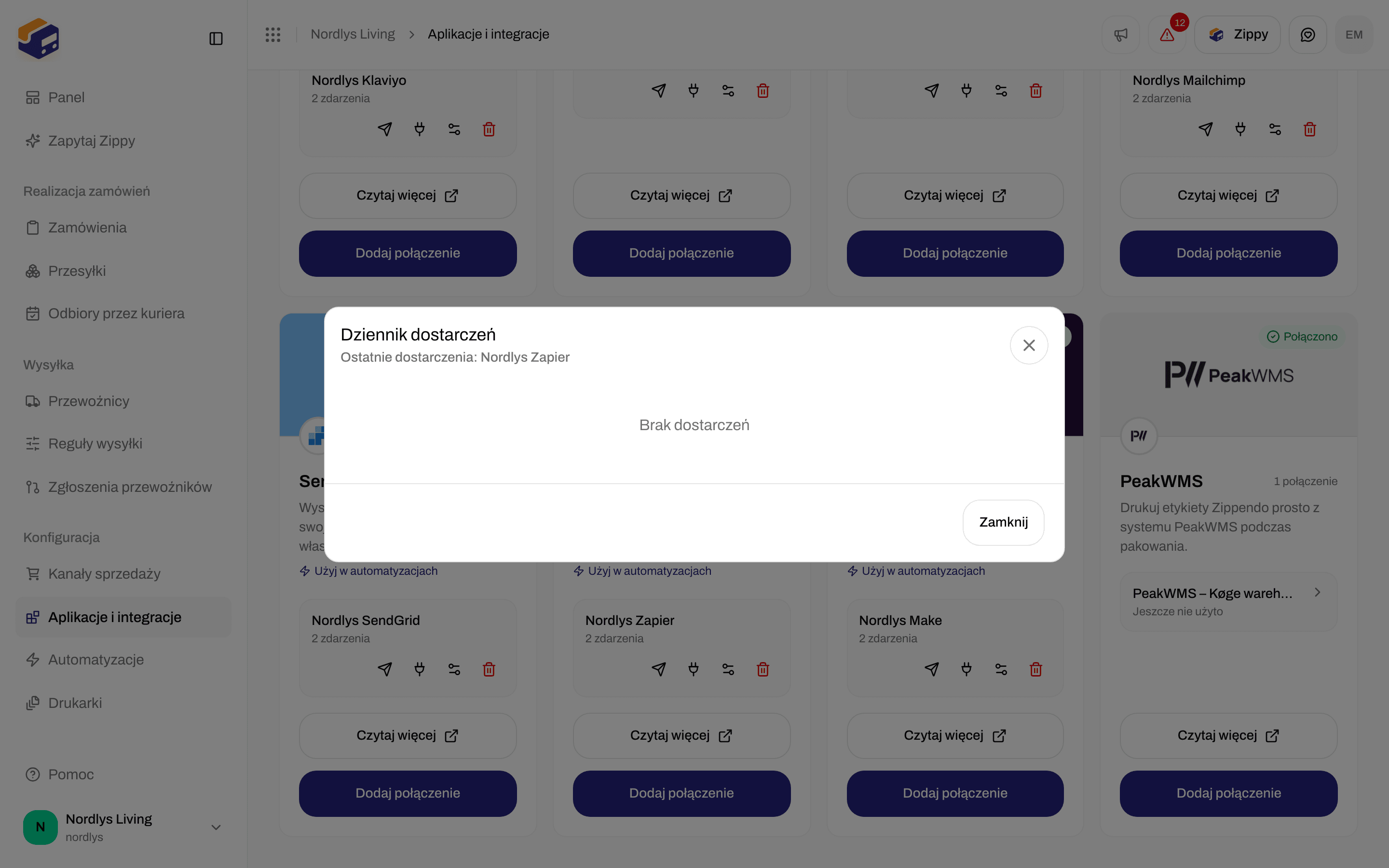 Okno dziennika dostarczeń połączenia Zapier z komunikatem Brak dostarczeń