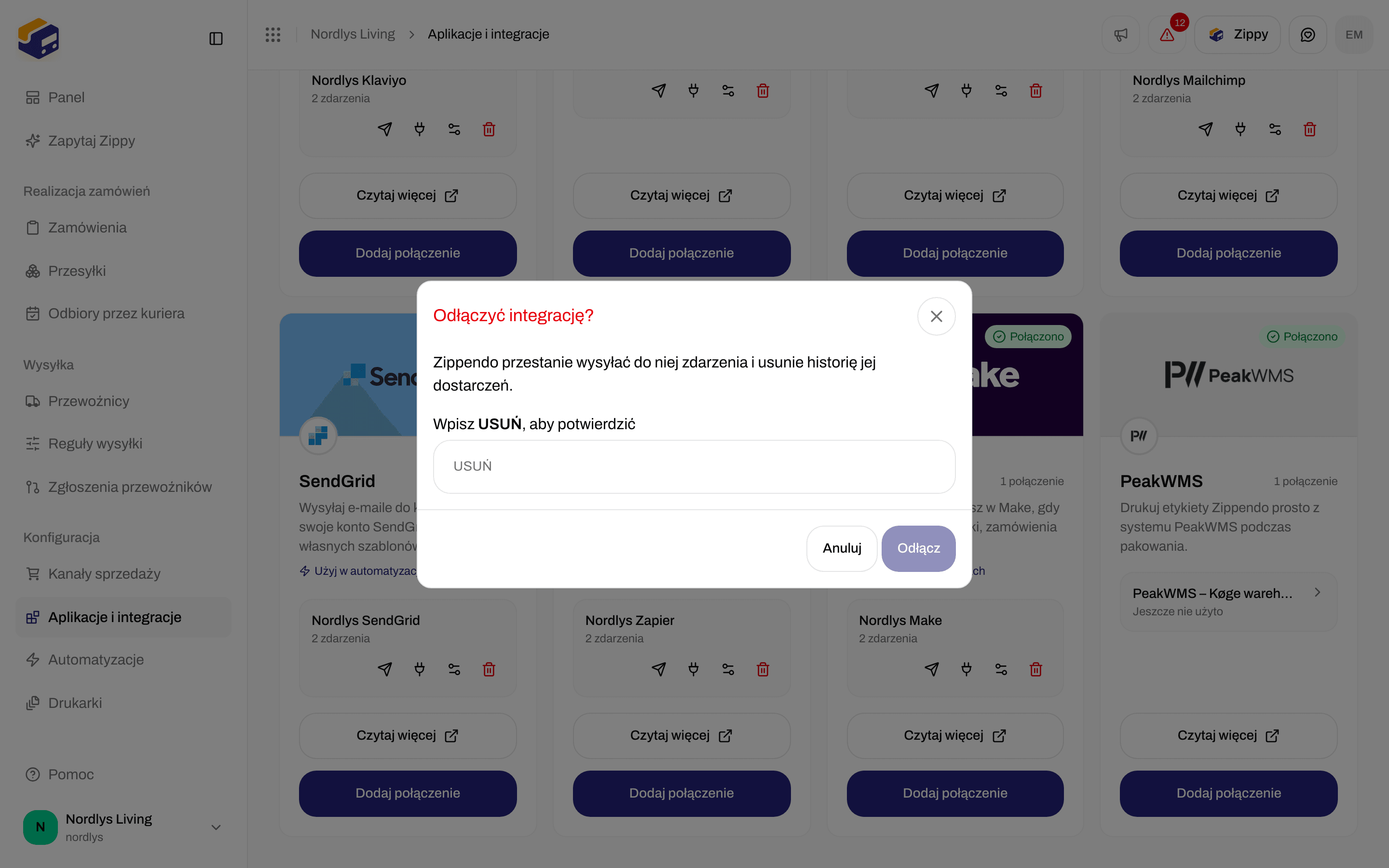 Okno odłączania integracji z prośbą o wpisanie DELETE