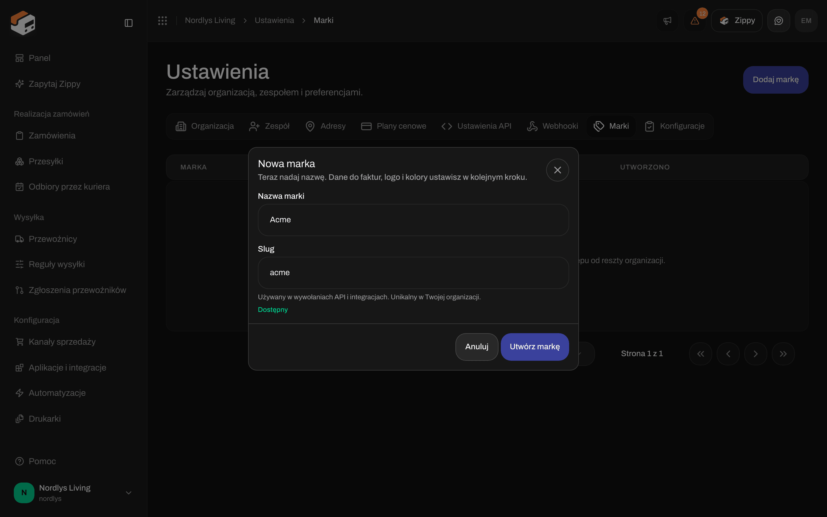 Okno Nowa marka z polami Nazwa marki i Slug