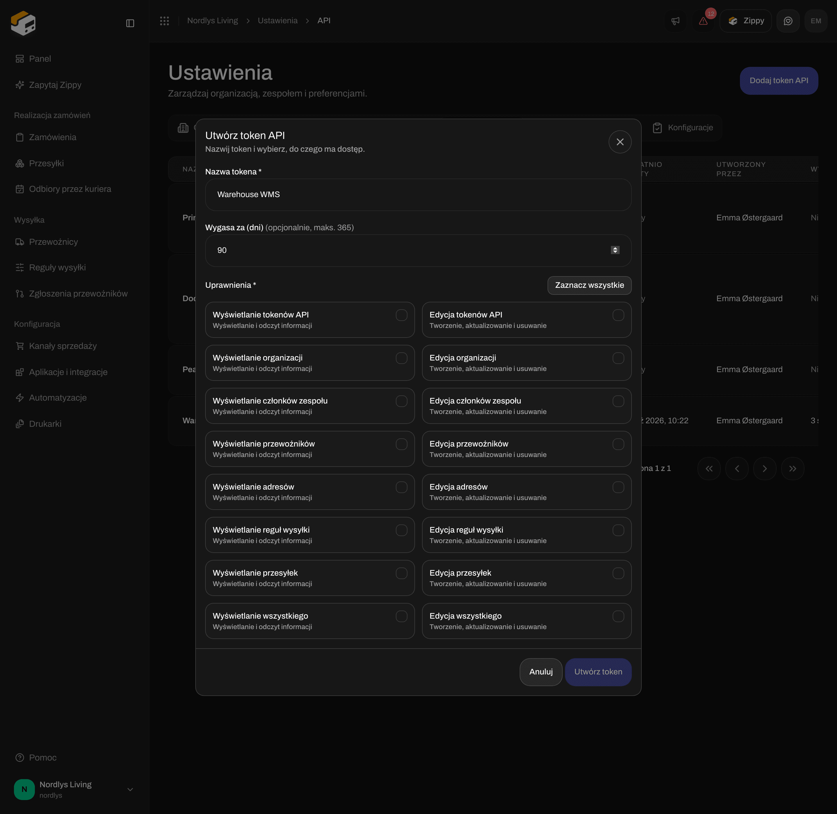 Okno Utwórz token API z polami Nazwa tokena, Wygasa za (dni) i polami wyboru uprawnień