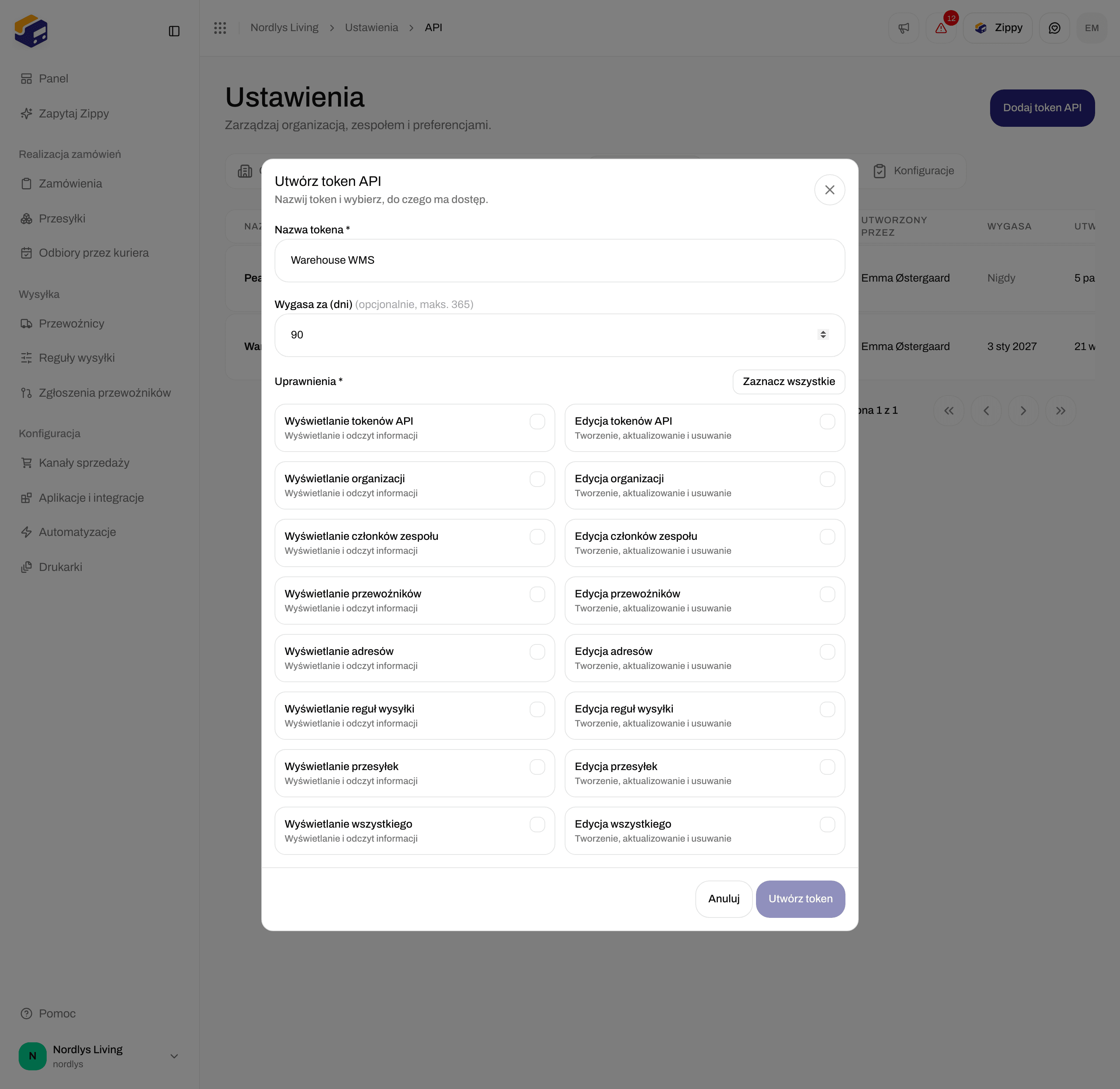 Okno Utwórz token API z polami Nazwa tokena, Wygasa za (dni) i polami wyboru uprawnień