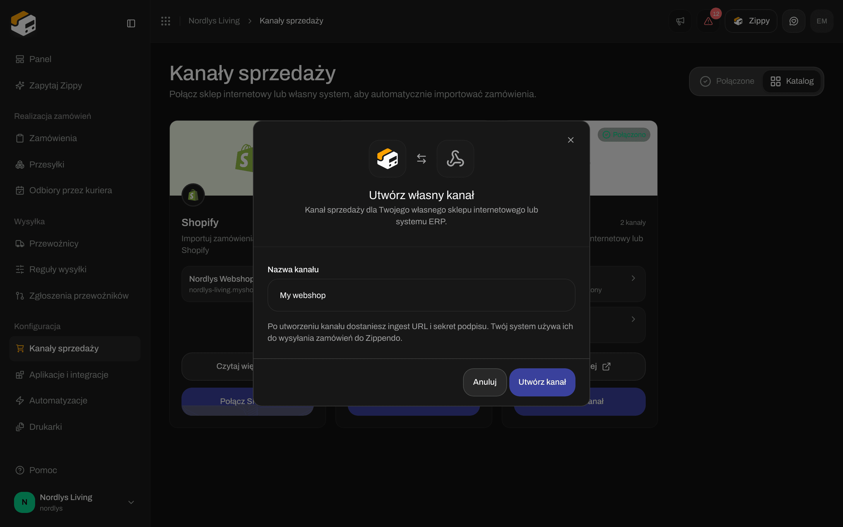 Okno Utwórz własny kanał z polem Nazwa kanału wypełnionym jako My webshop oraz przyciskami Utwórz kanał i Anuluj