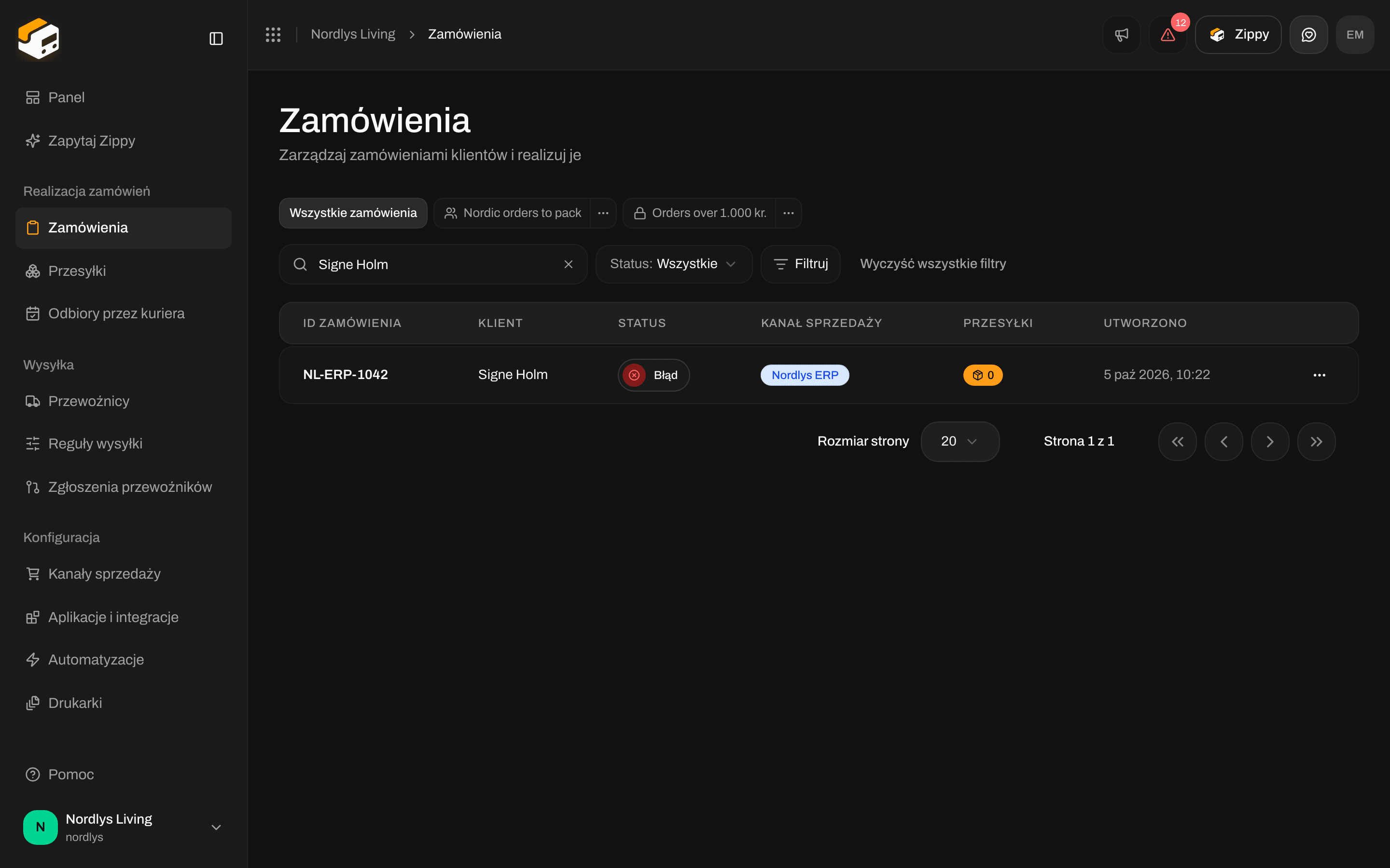 Lista zamówień z zamówieniem, które dotarło przez własny kanał