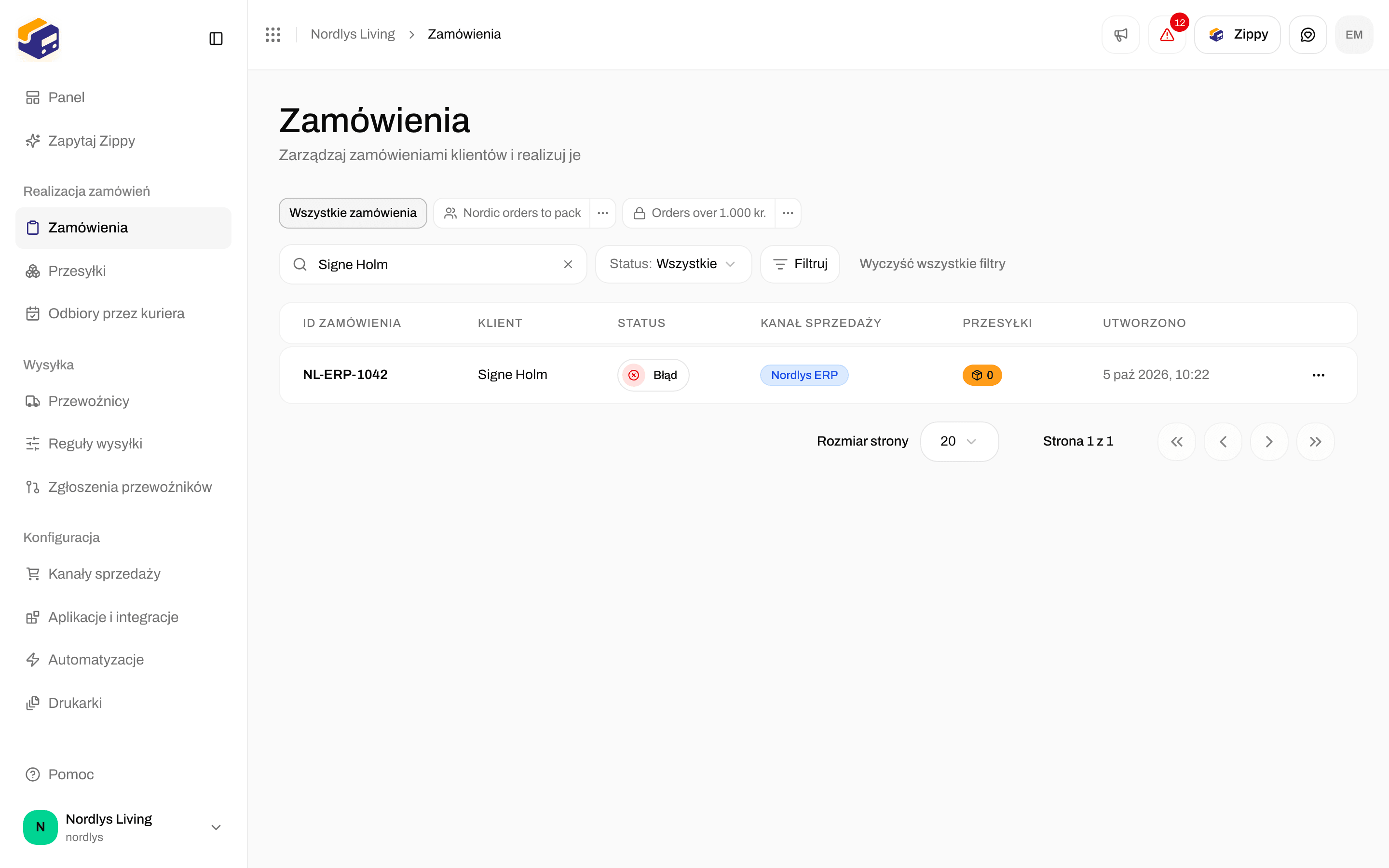 Lista zamówień z zamówieniem, które dotarło przez własny kanał