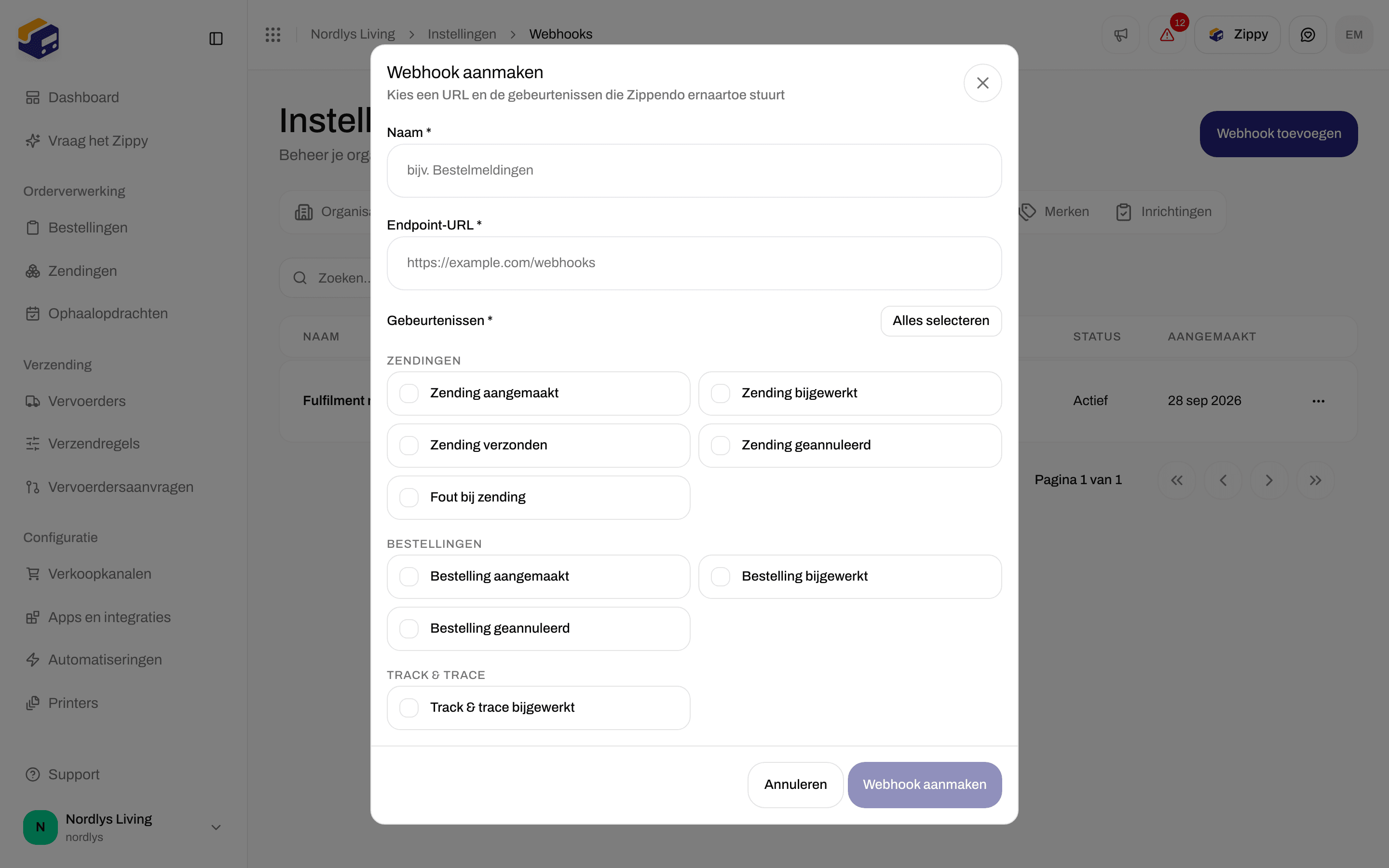 Venster Webhook aanmaken met de groep Tracking en de gebeurtenis Track & trace bijgewerkt