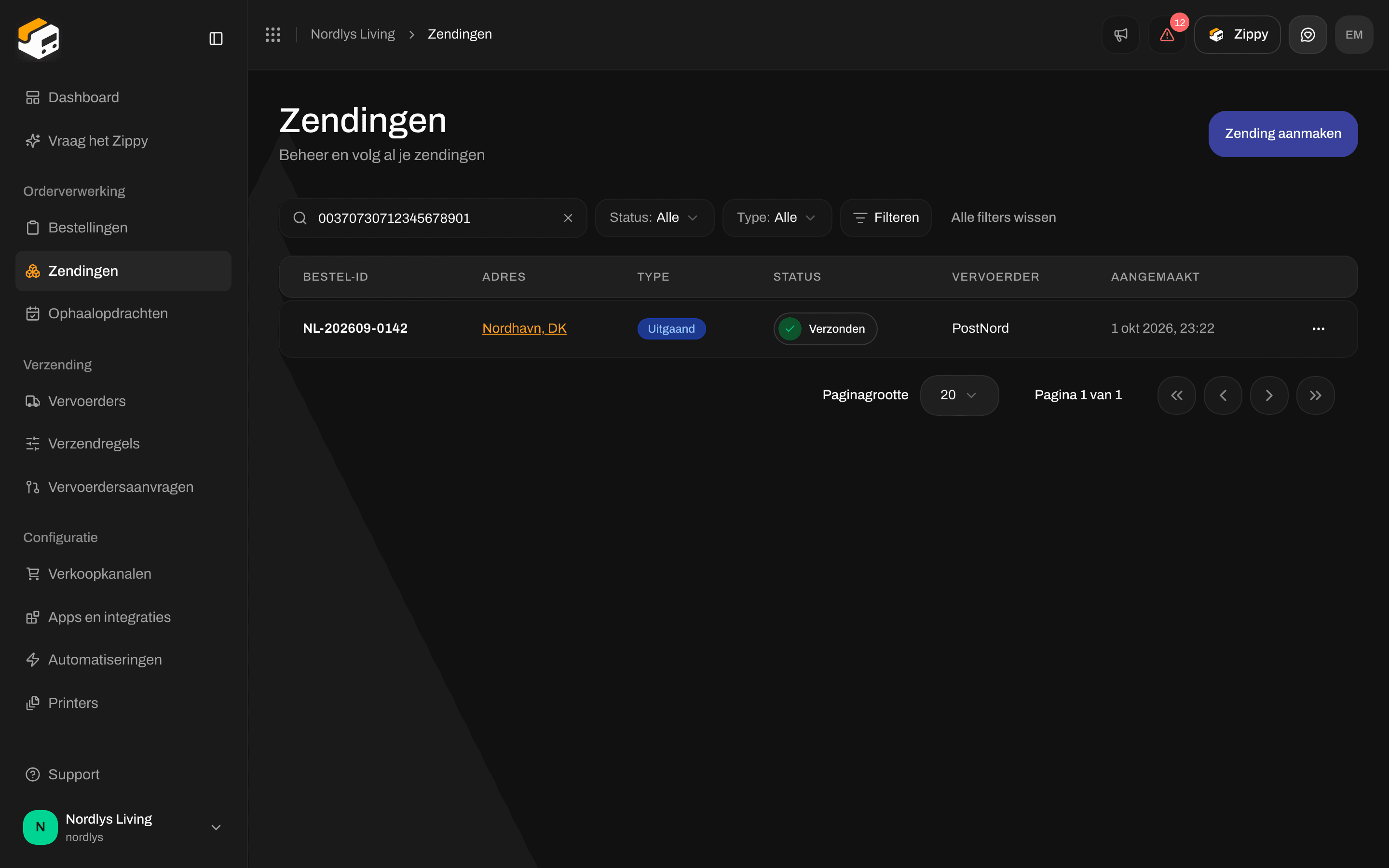 Zendingenlijst met de zending die bij een trackingnummer past