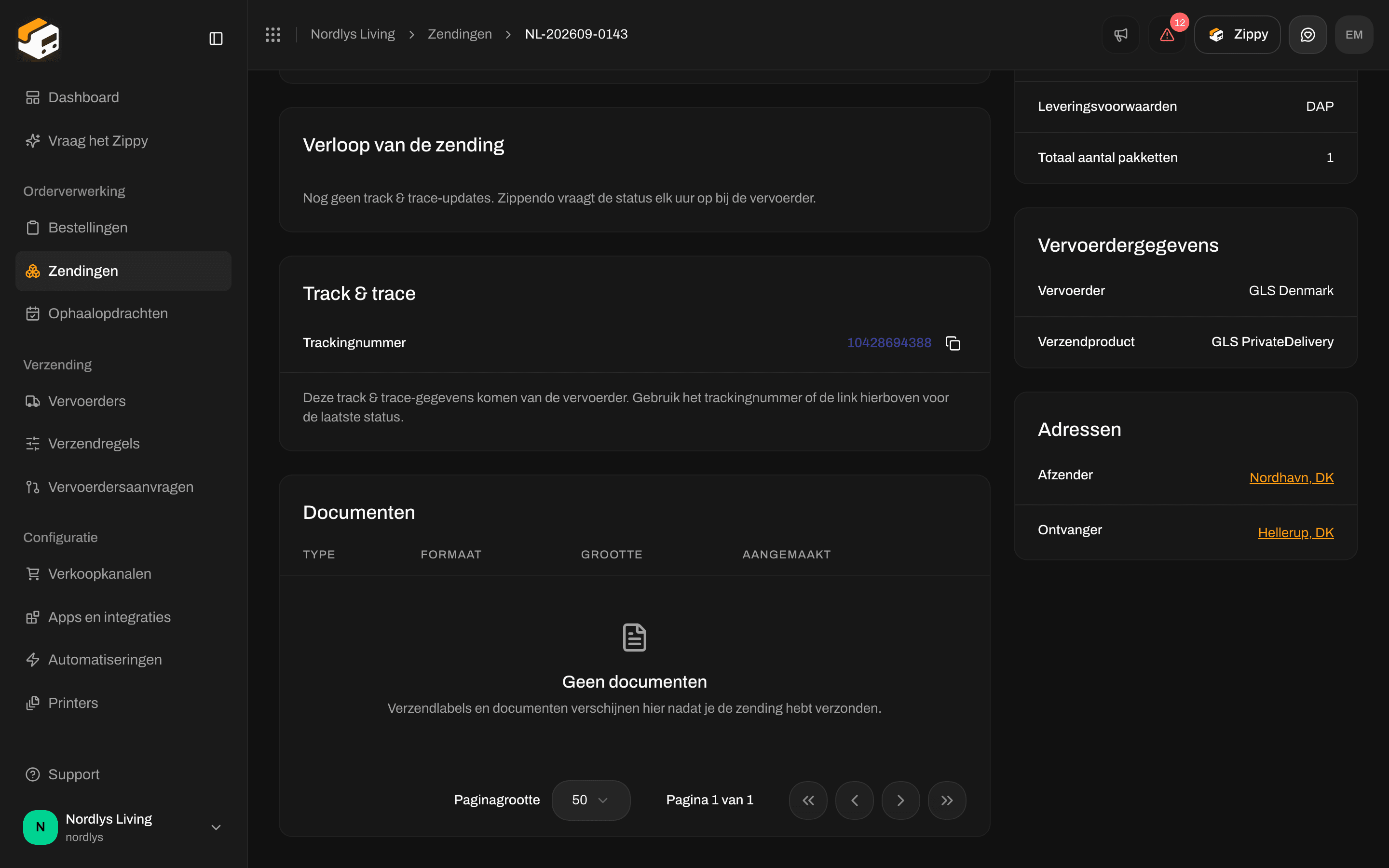 Verloop van de zending met de tekst dat er nog geen trackingupdates zijn