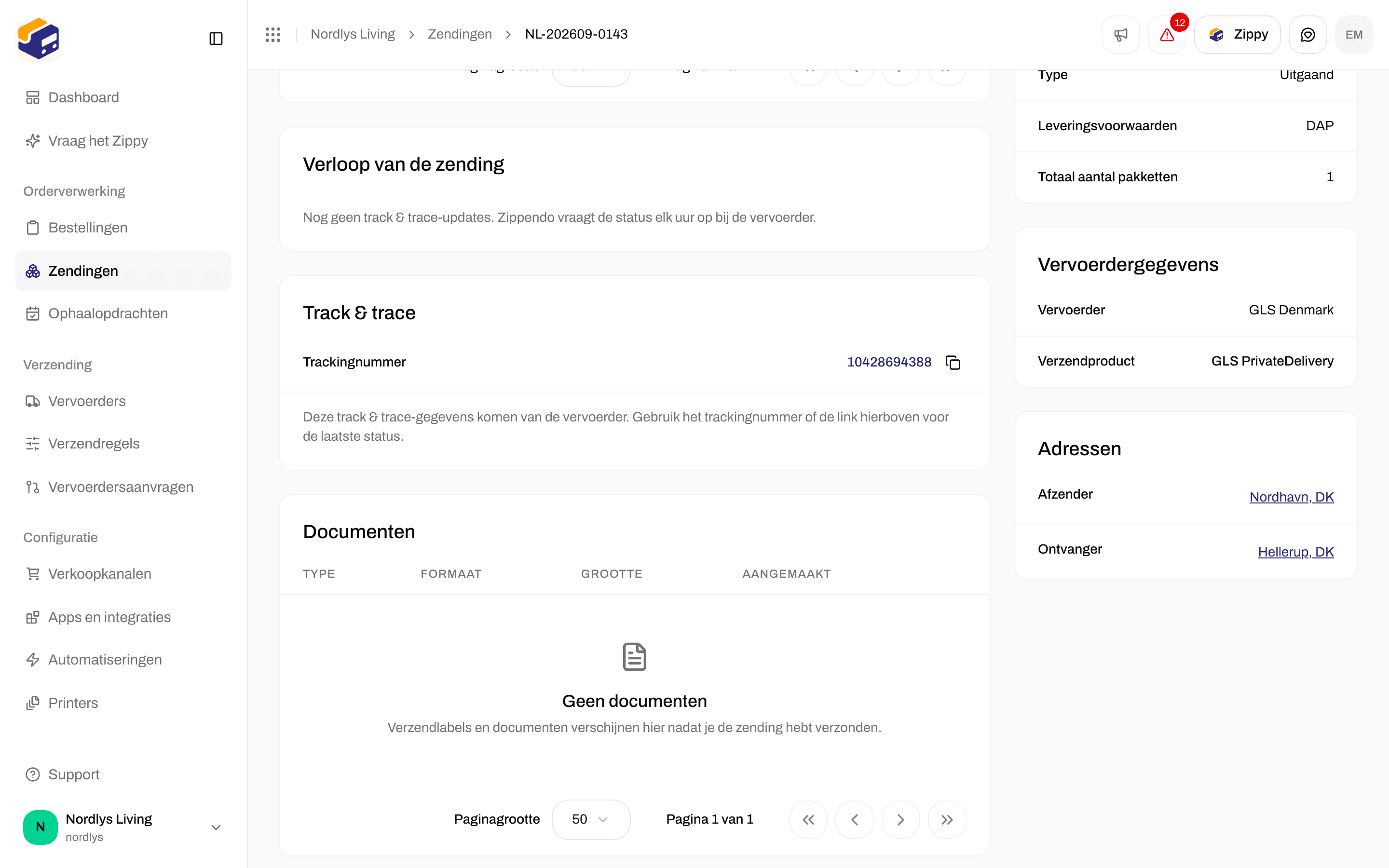 Verloop van de zending met de tekst dat er nog geen trackingupdates zijn