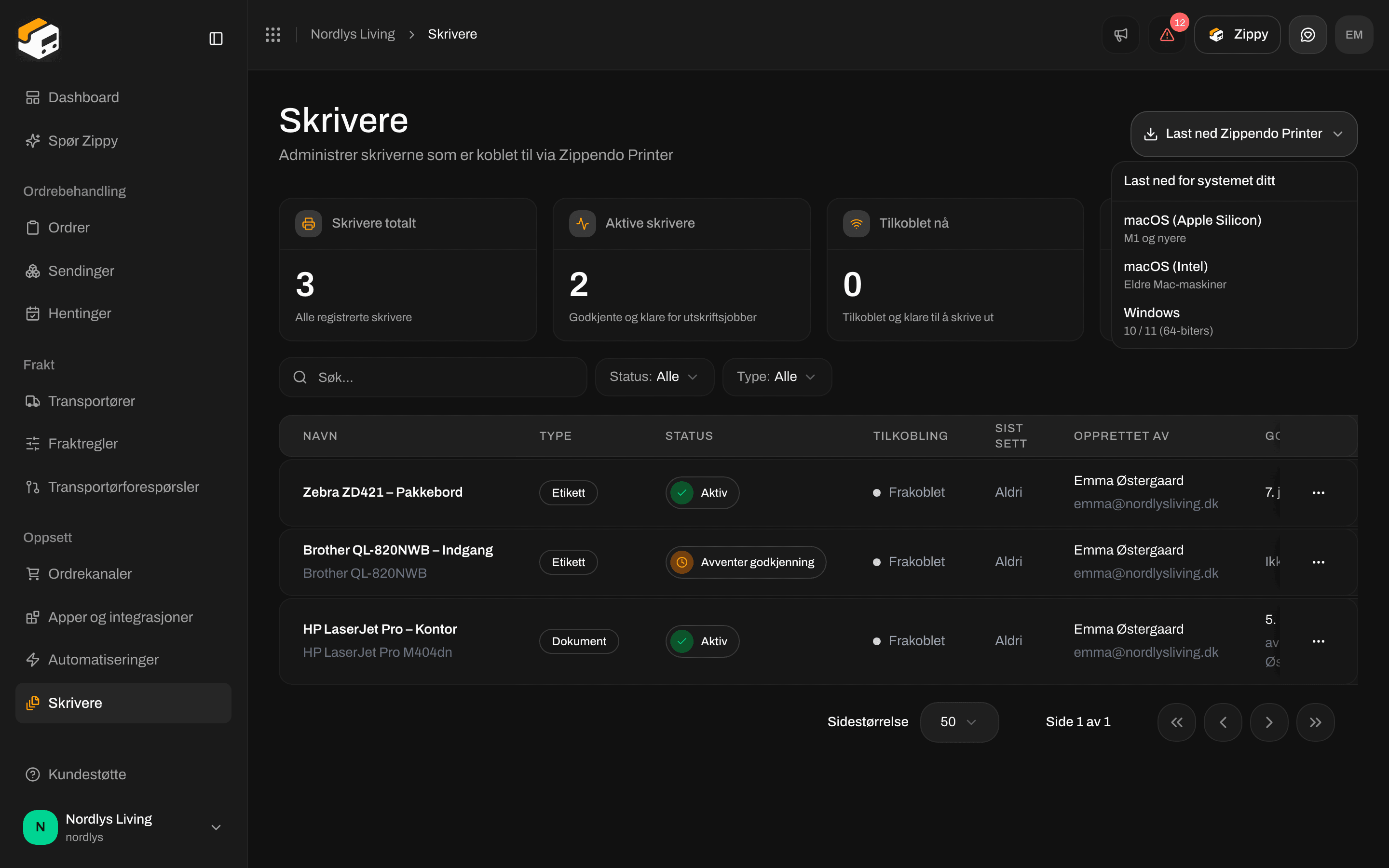 Nedlastingsmenyen på siden Skrivere med installasjonsfiler for macOS Apple Silicon, macOS Intel og Windows
