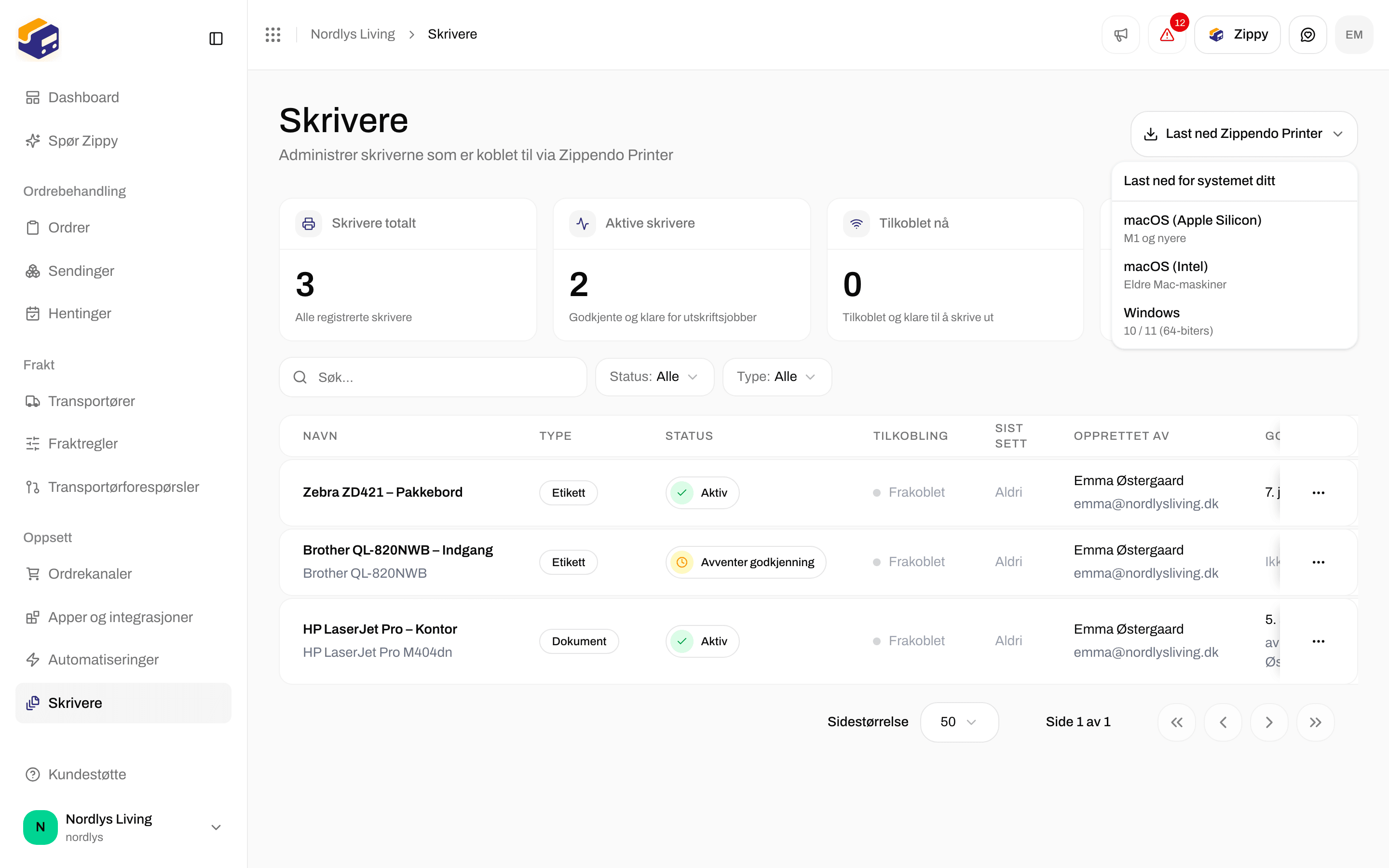 Nedlastingsmenyen på siden Skrivere med installasjonsfiler for macOS Apple Silicon, macOS Intel og Windows