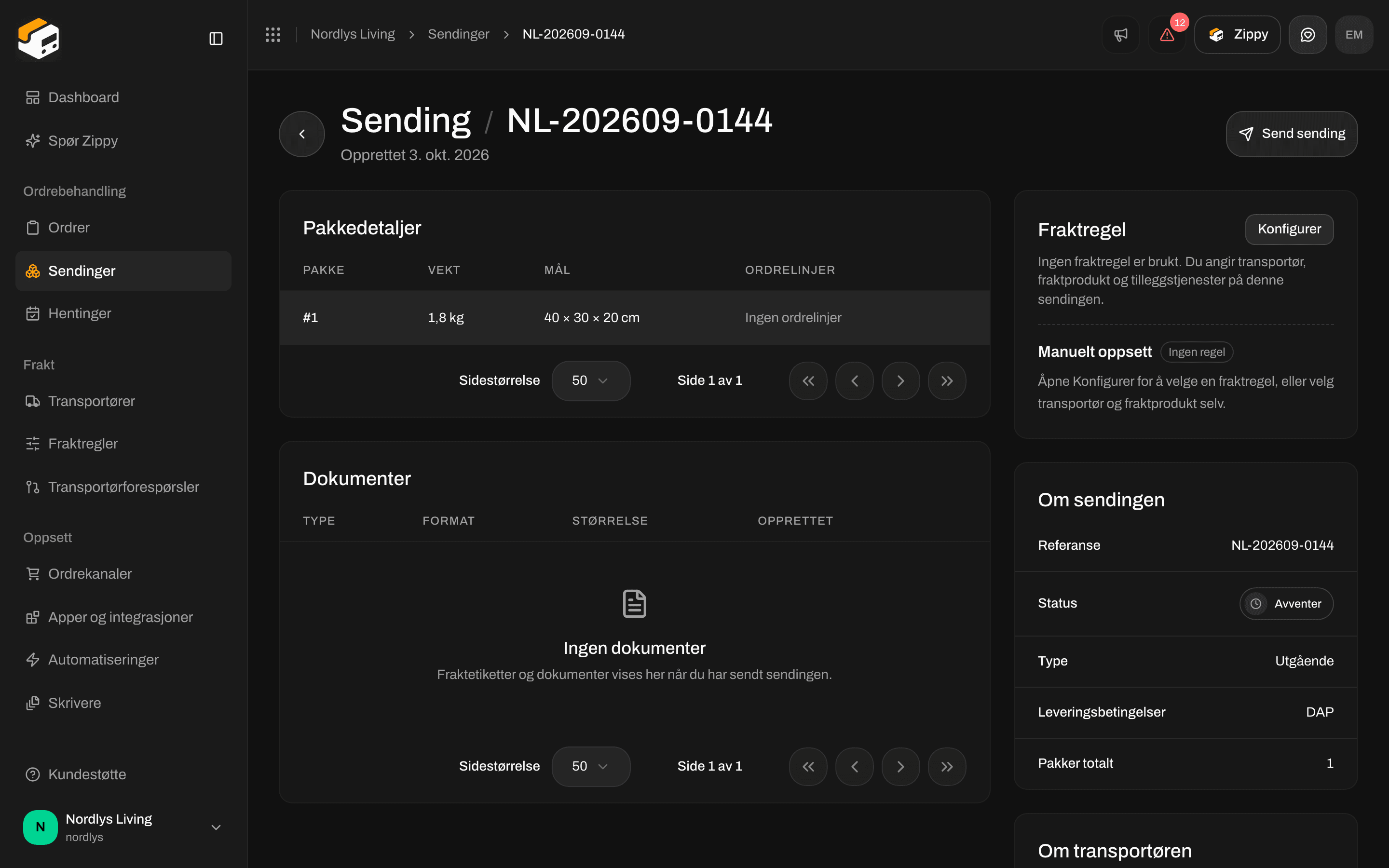 Oversikt over en sending med fraktregelkortet, Konfigurer og enten Manuelt oppsett eller en aktiv regel