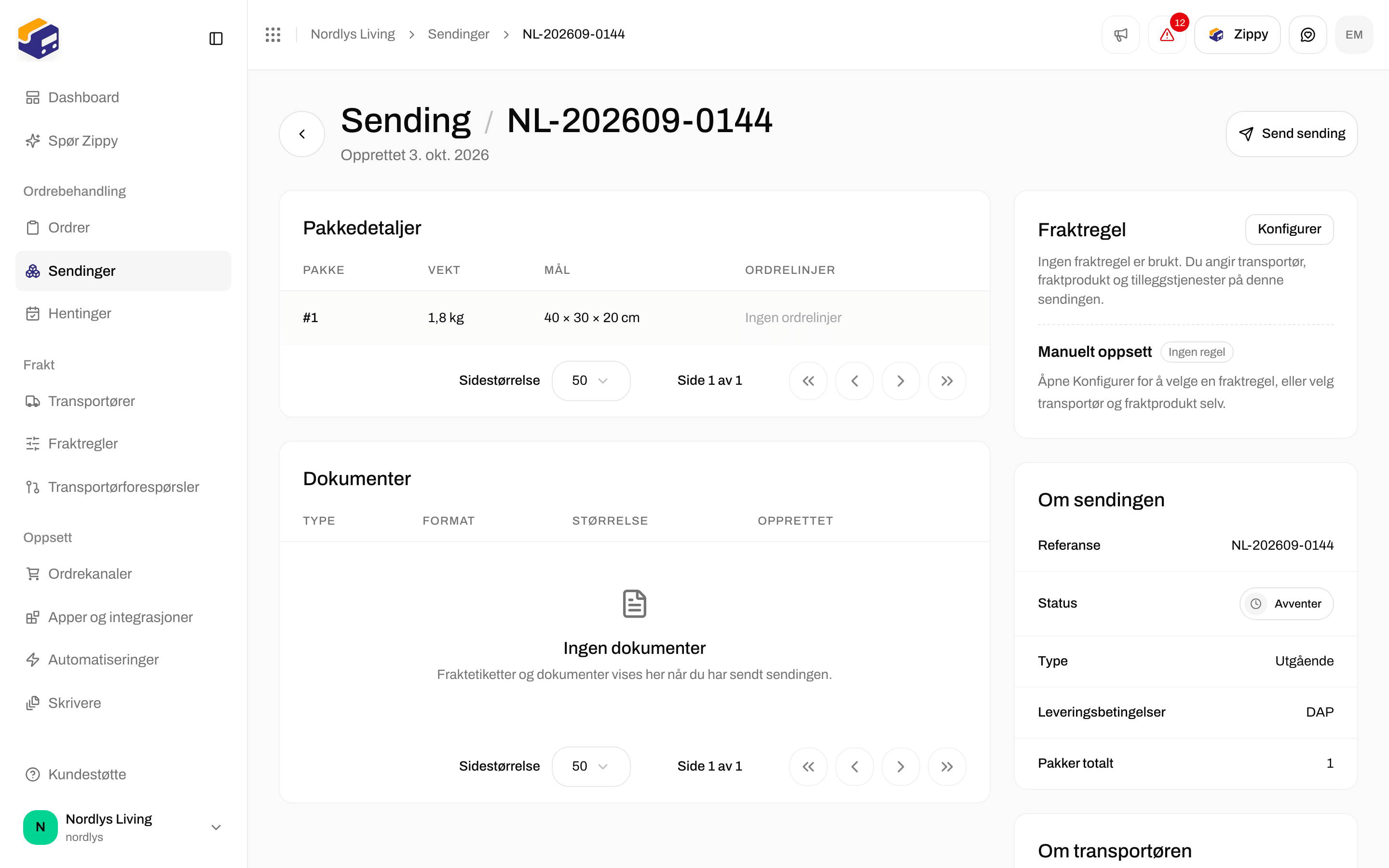 Oversikt over en sending med fraktregelkortet, Konfigurer og enten Manuelt oppsett eller en aktiv regel