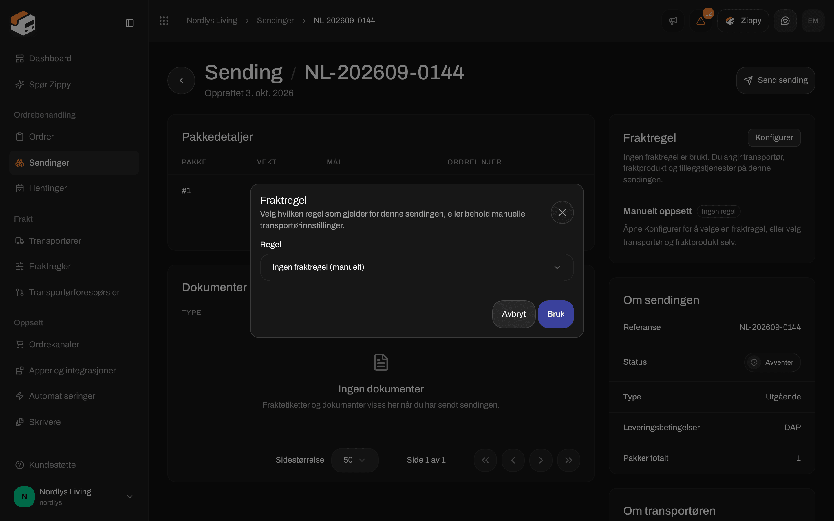 Vinduet Fraktregel på en sending med listen Regel og Bruk