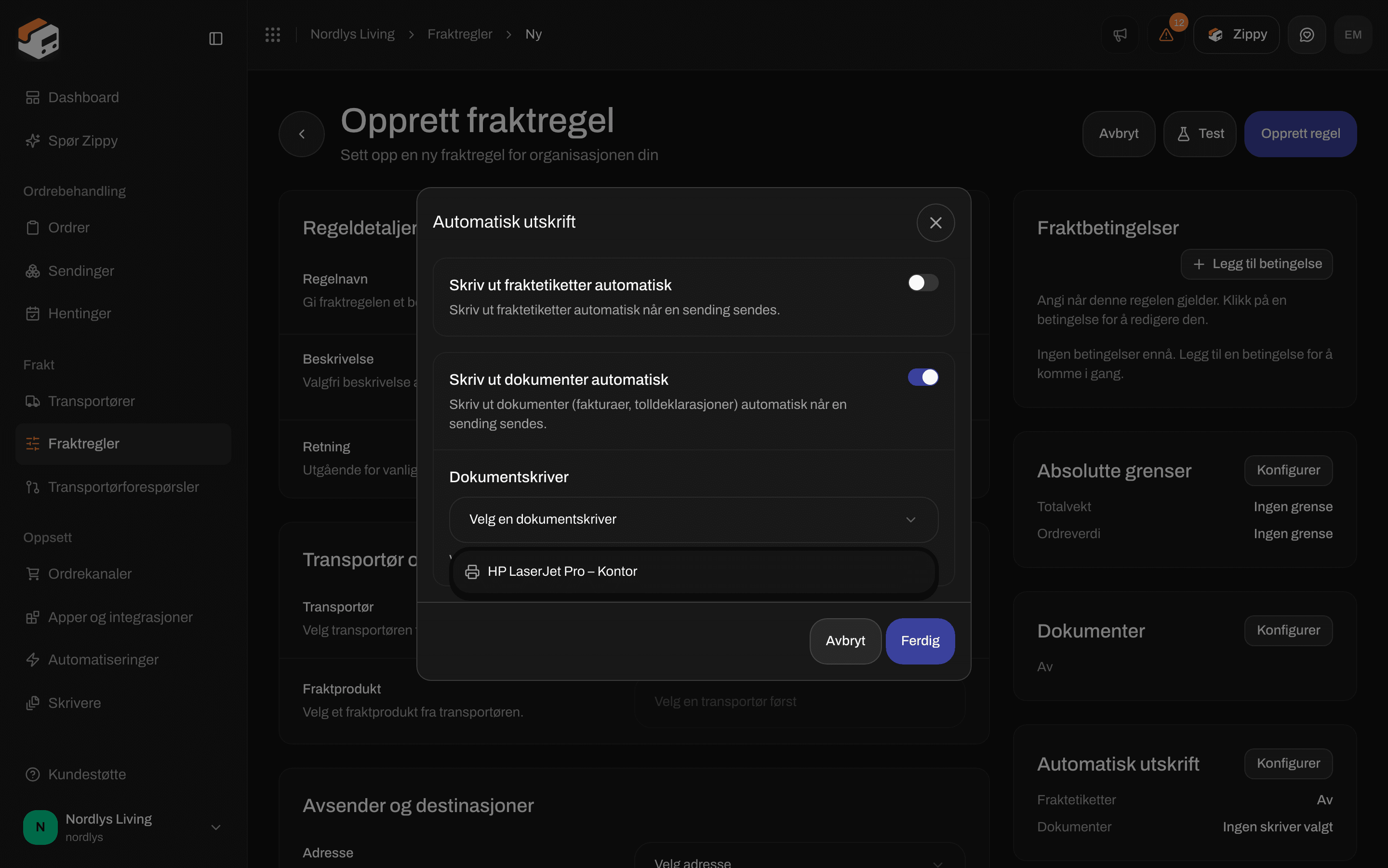 Dialogen Automatisk utskrift med Skriv ut dokumenter automatisk slått på og listen Dokumentskriver