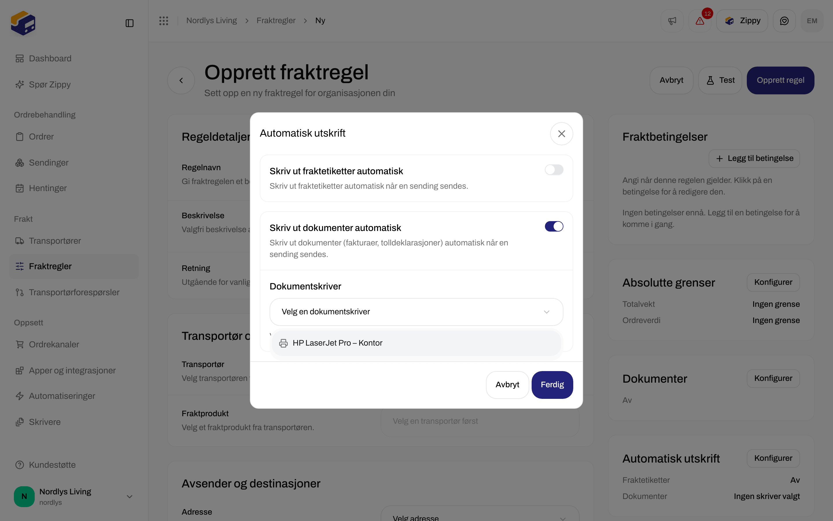 Dialogen Automatisk utskrift med Skriv ut dokumenter automatisk slått på og listen Dokumentskriver