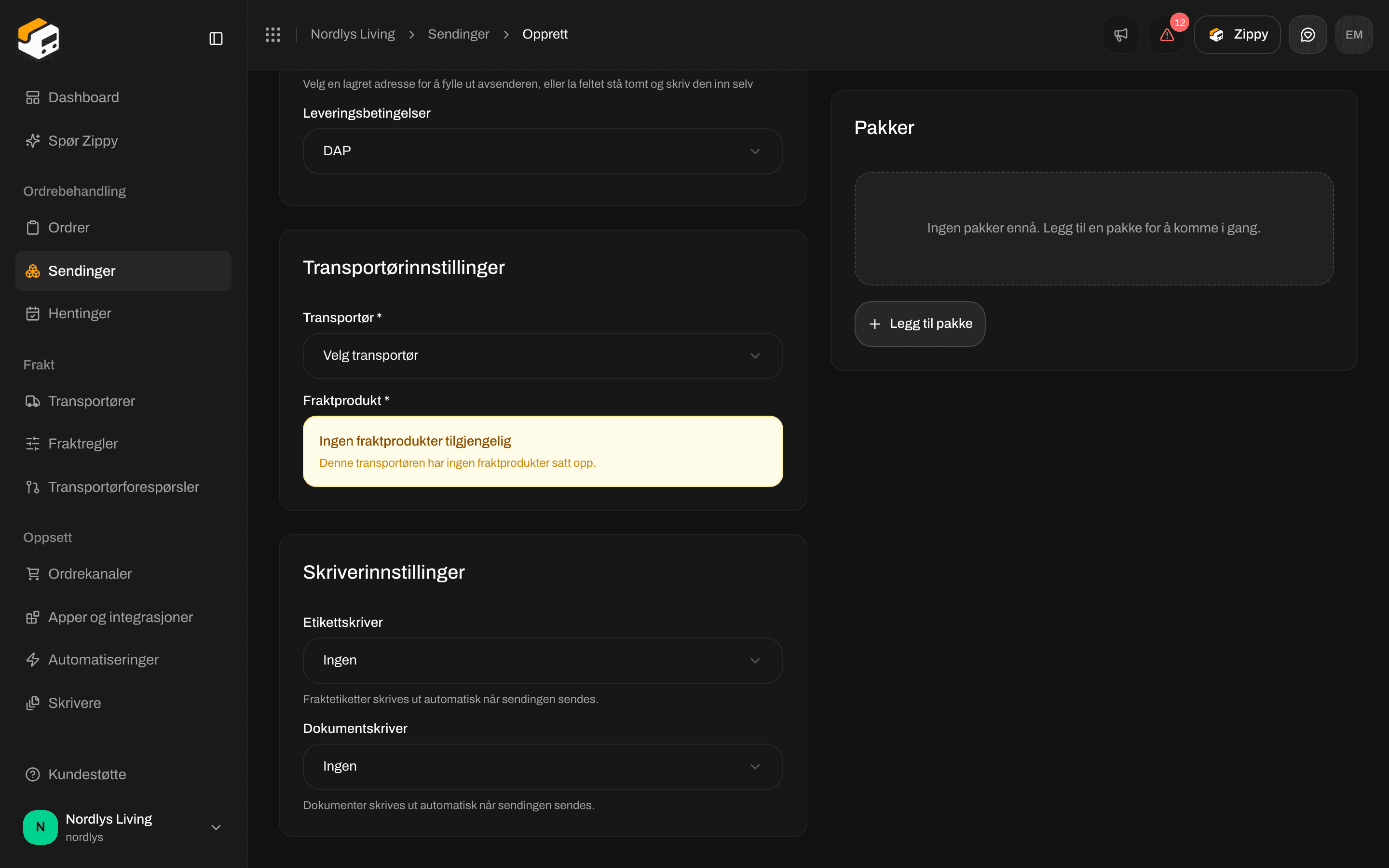 Boksen Skriverinnstillinger på Opprett sending med Etikettskriver og Dokumentskriver satt til Ingen