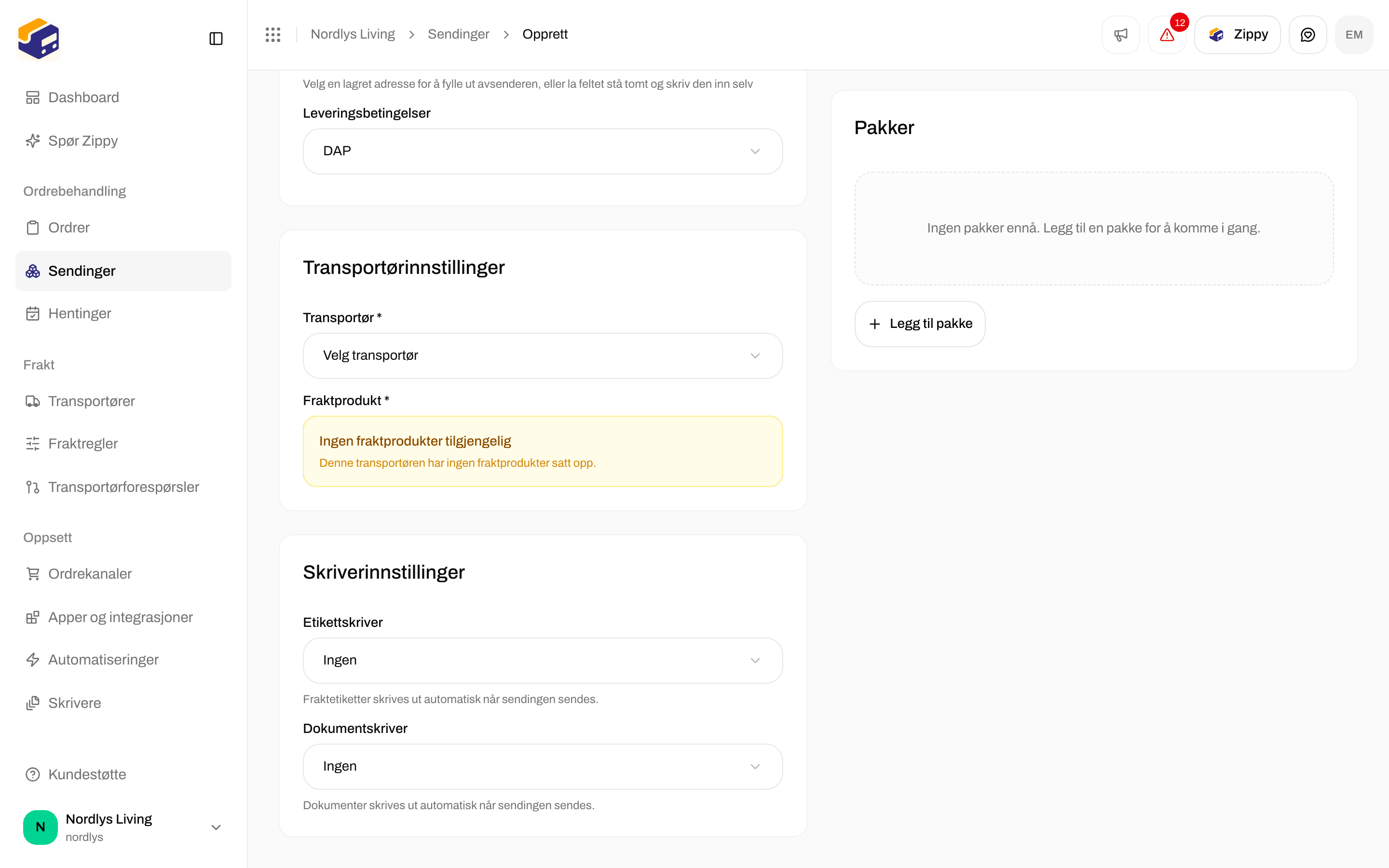 Boksen Skriverinnstillinger på Opprett sending med Etikettskriver og Dokumentskriver satt til Ingen