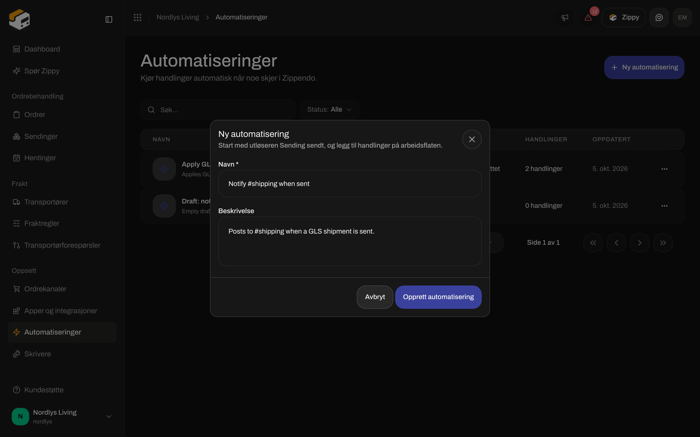 Vinduet Ny automatisering med Navn, Beskrivelse, Avbryt og Opprett automatisering