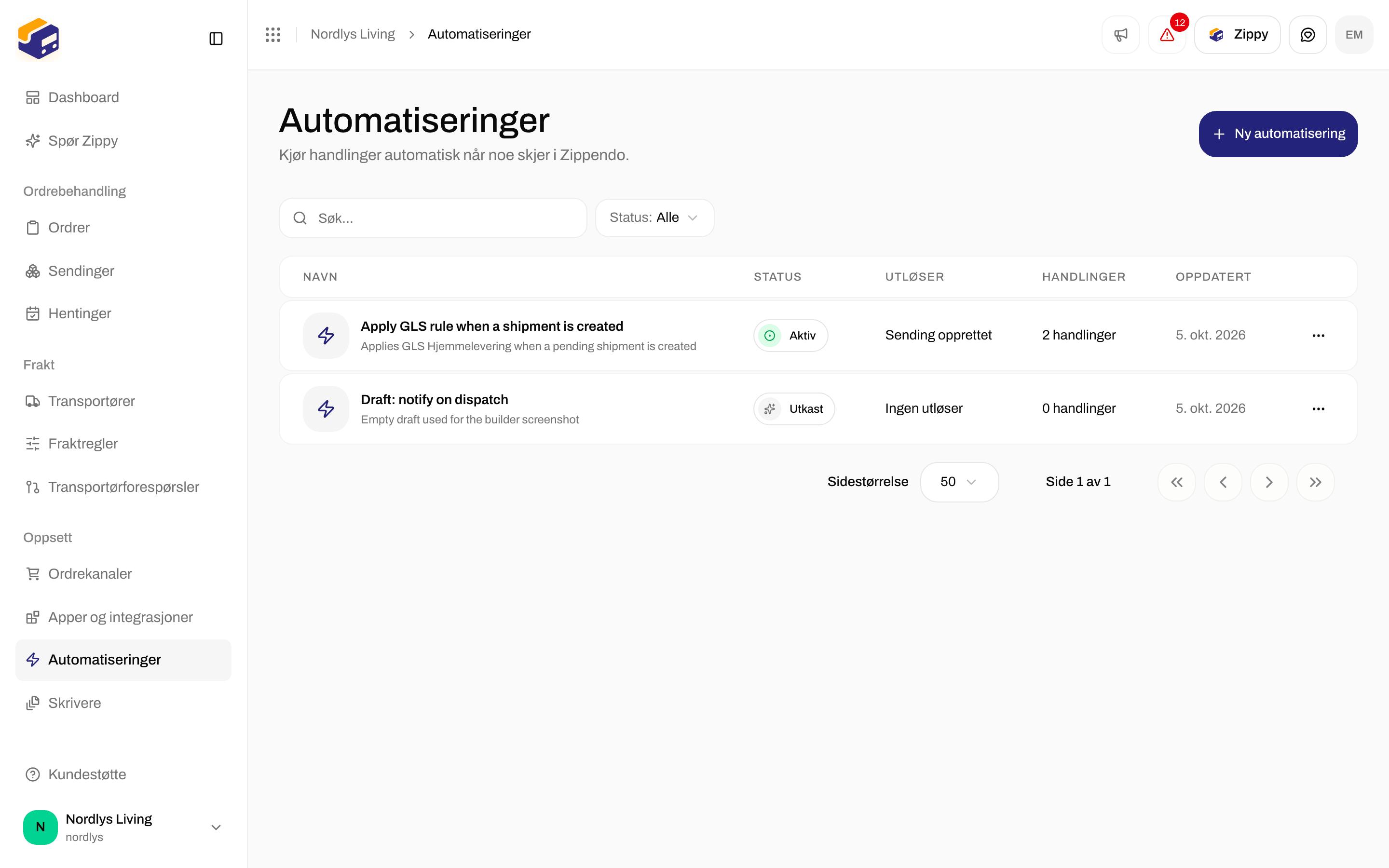 Filterpanelet med Søk og Status i listen over automatiseringer