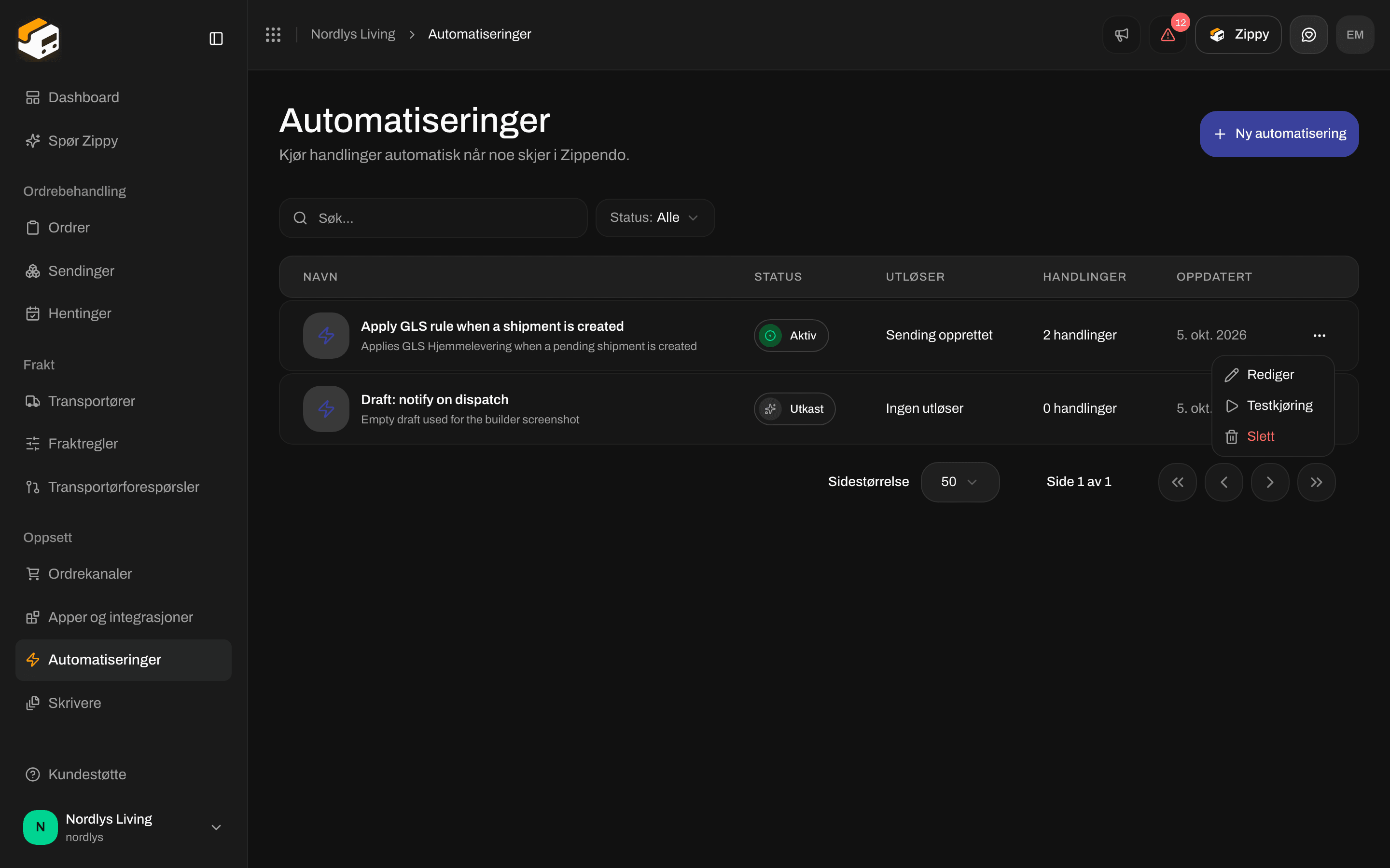 Radmenyen for automatiseringer med Rediger, Testkjøring og Slett