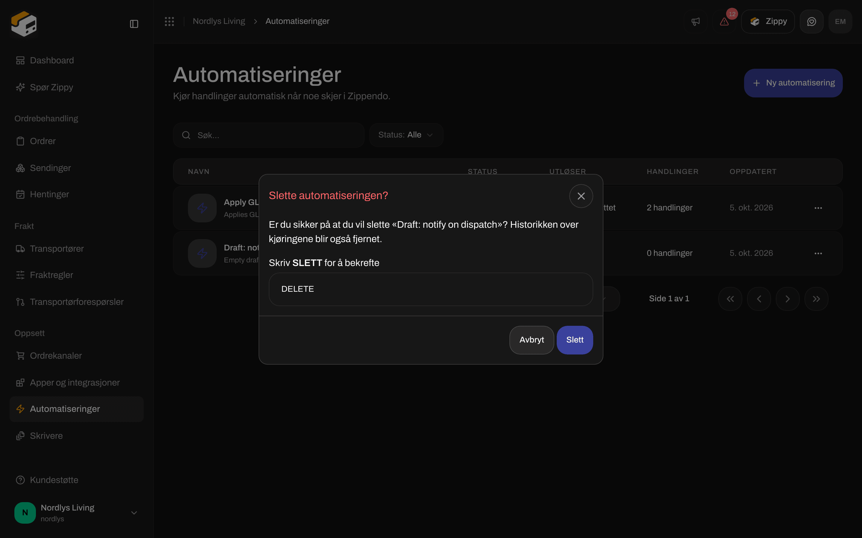 Vinduet for å slette automatisering som ber deg skrive DELETE for å bekrefte