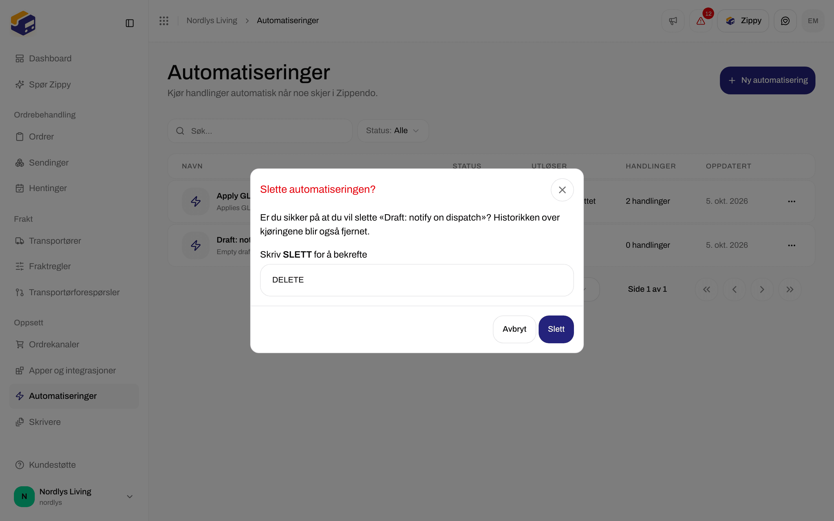 Vinduet for å slette automatisering som ber deg skrive DELETE for å bekrefte