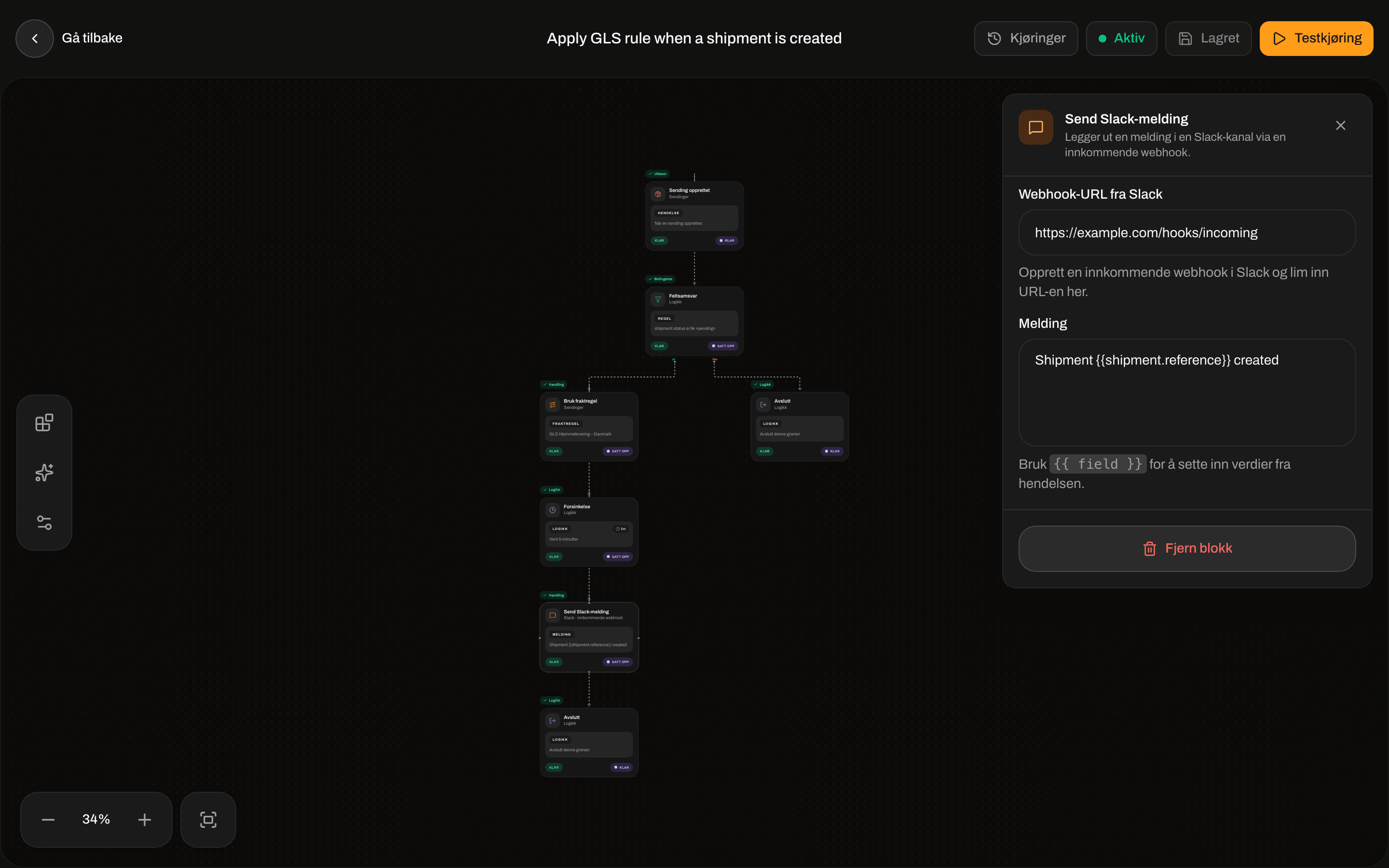 Innstillinger for Send Slack-melding med Webhook-URL fra Slack og Melding