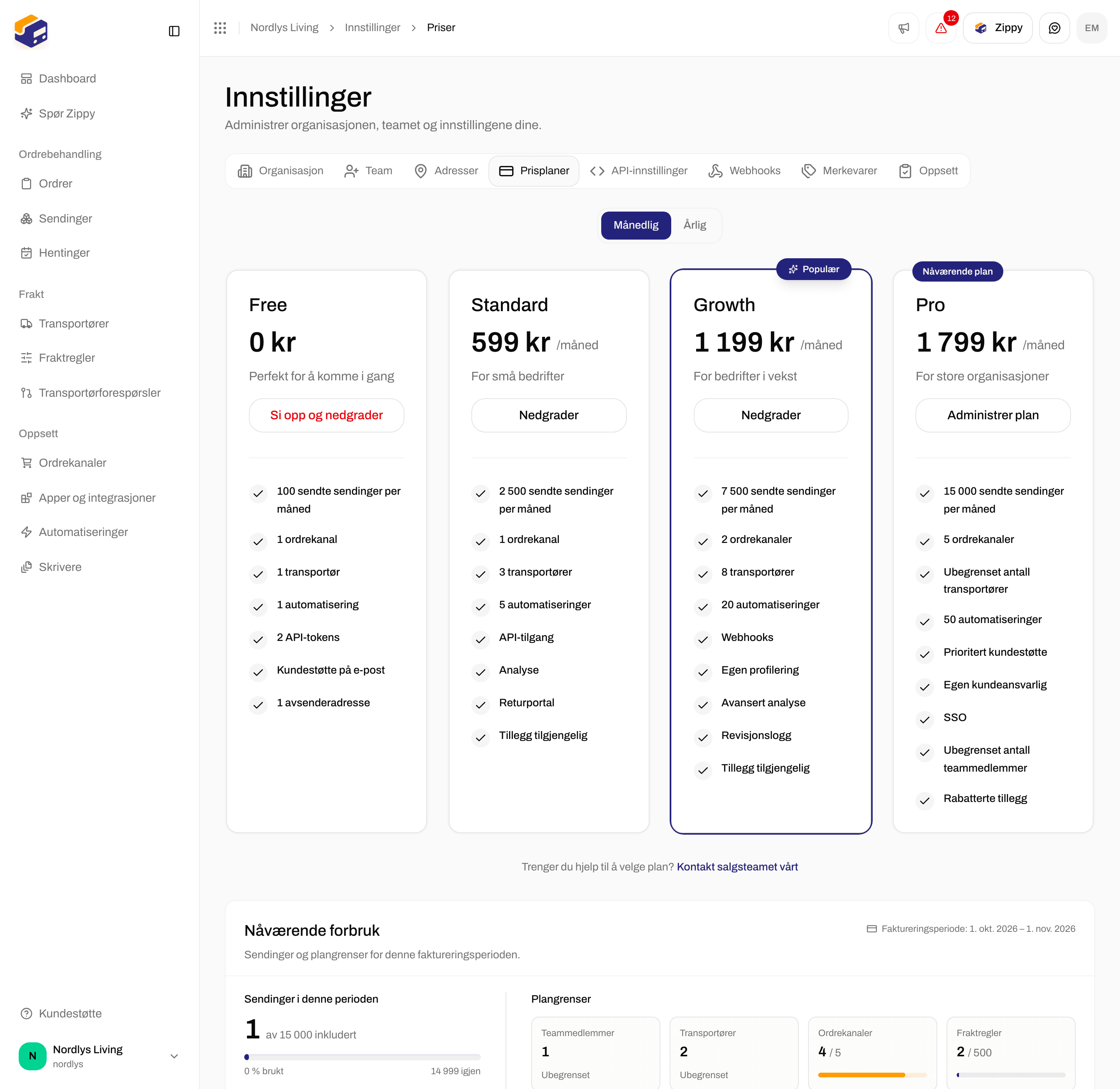 Prisplaner med knappene Månedlig og Årlig og kortene Free, Standard, Growth og Pro