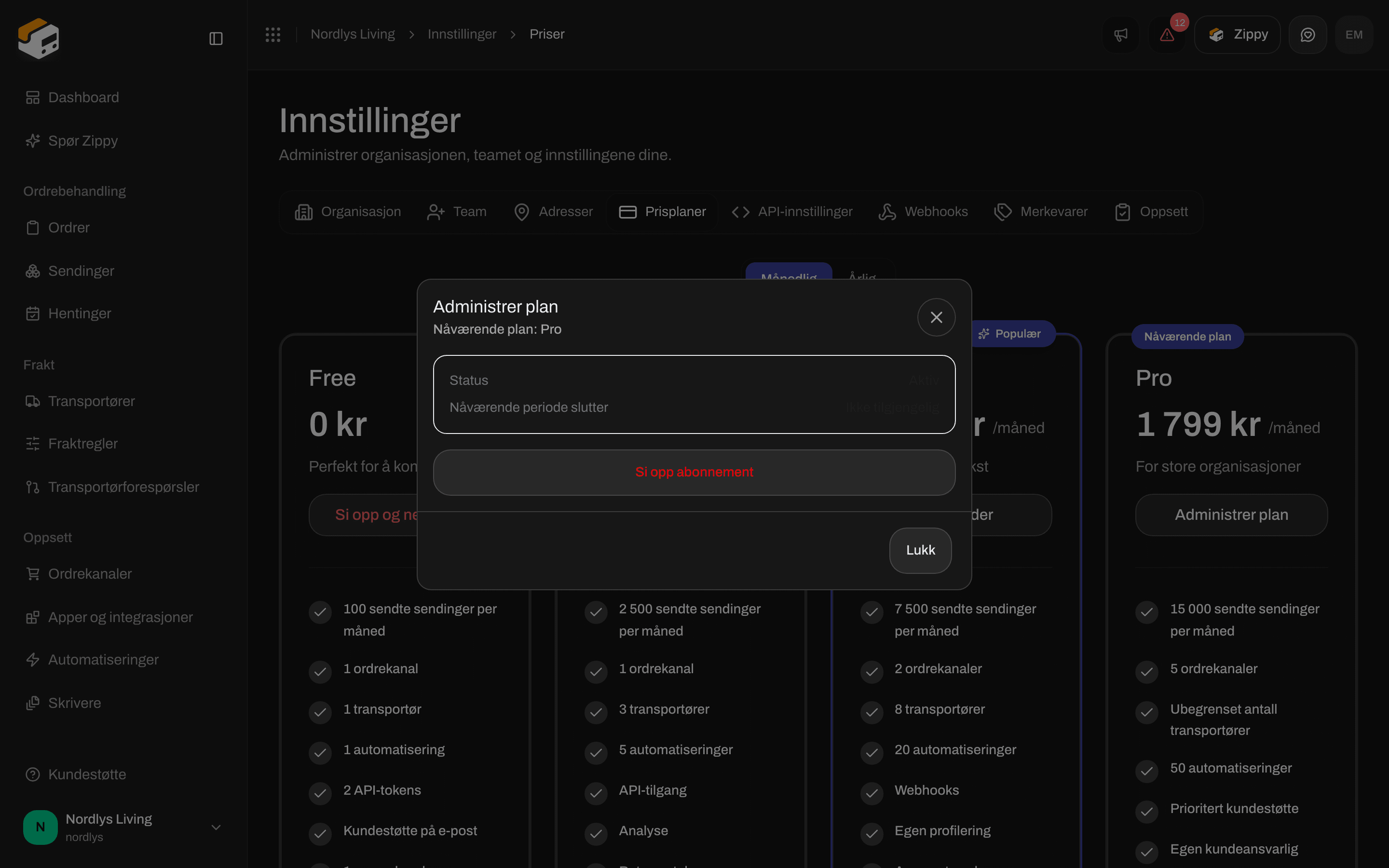 Vinduet Administrer plan med nåværende plan, status og Si opp abonnement