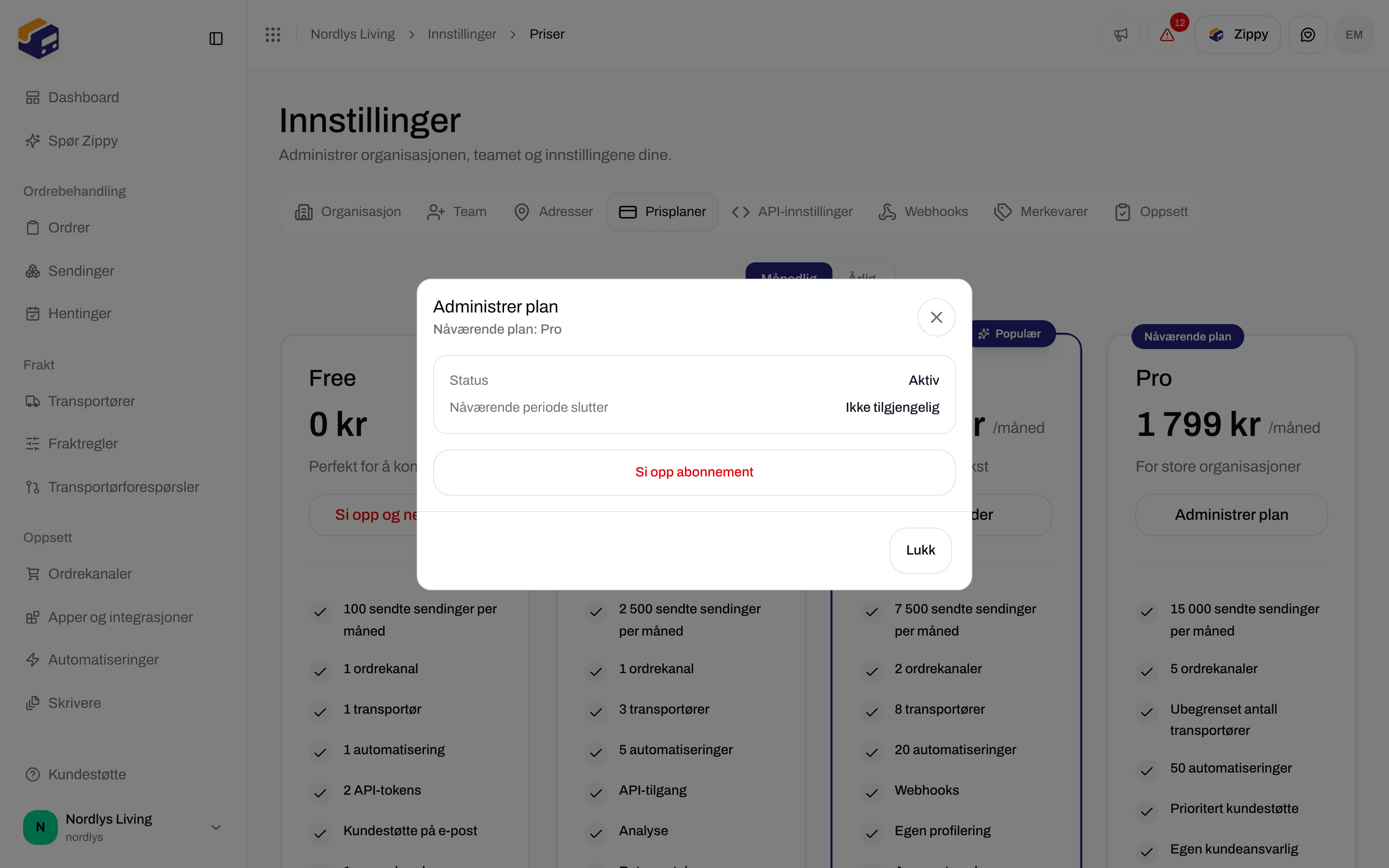 Vinduet Administrer plan med nåværende plan, status og Si opp abonnement