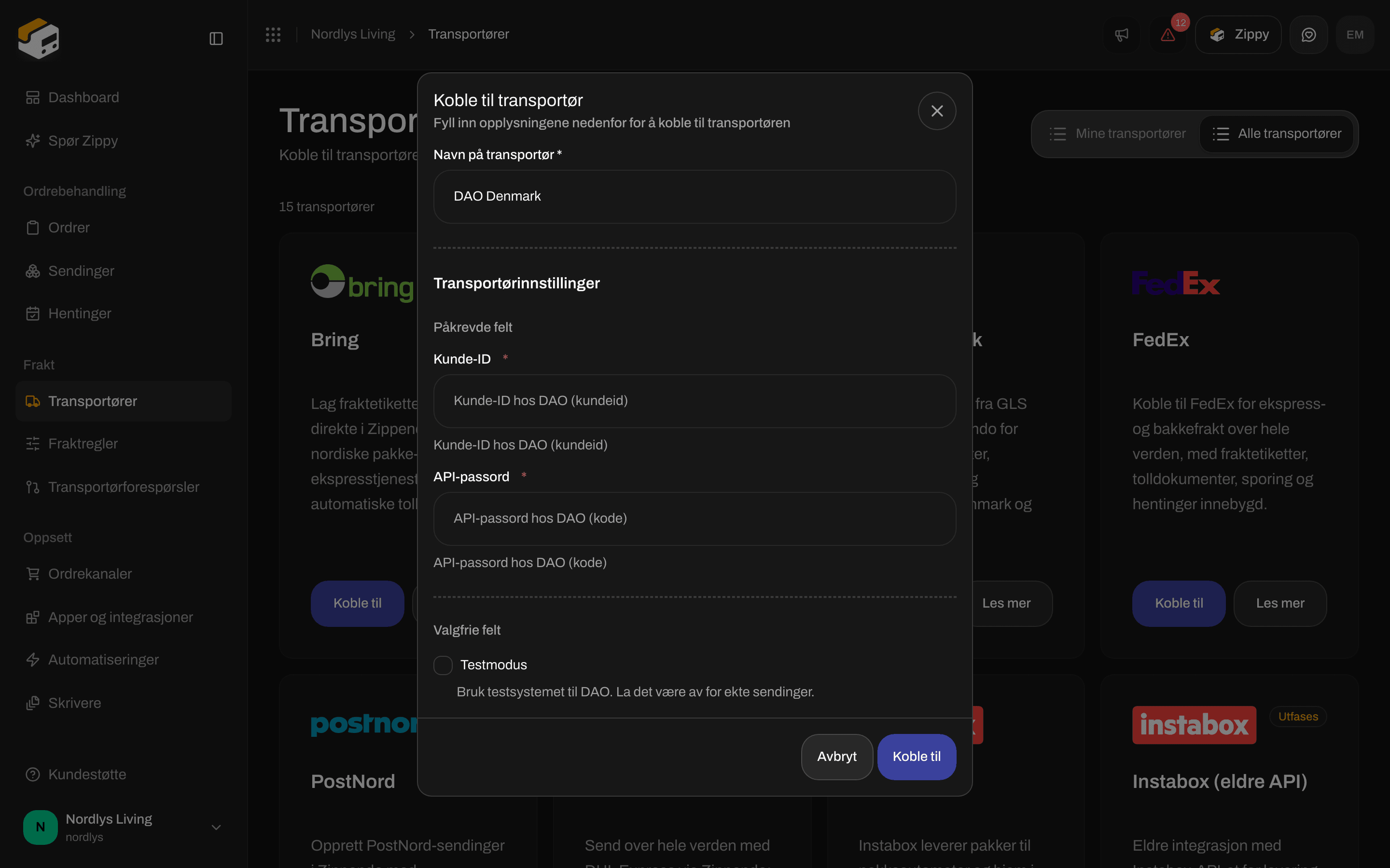 Koble til transportør for DAO Denmark med Customer ID og API password
