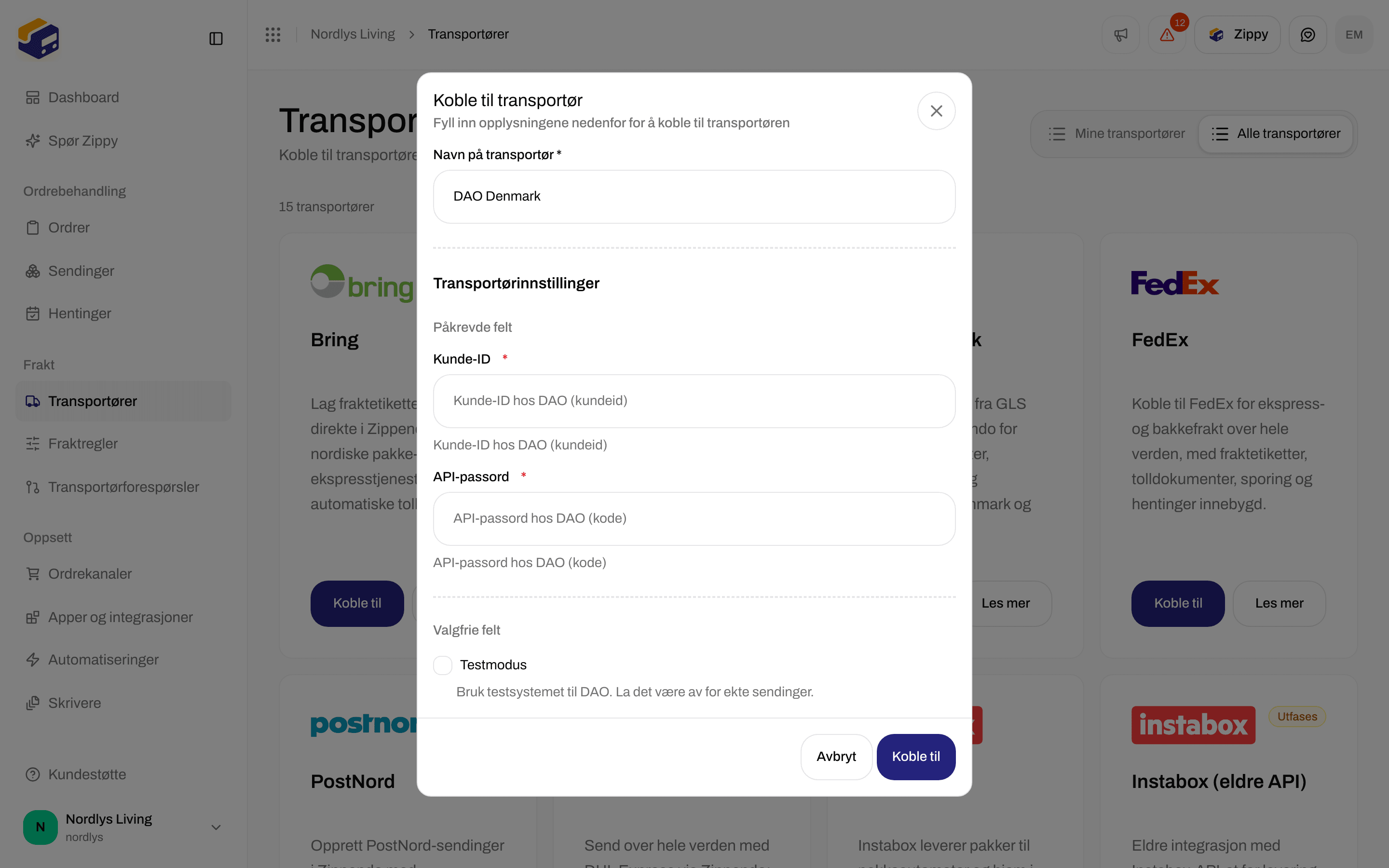 Koble til transportør for DAO Denmark med Customer ID og API password