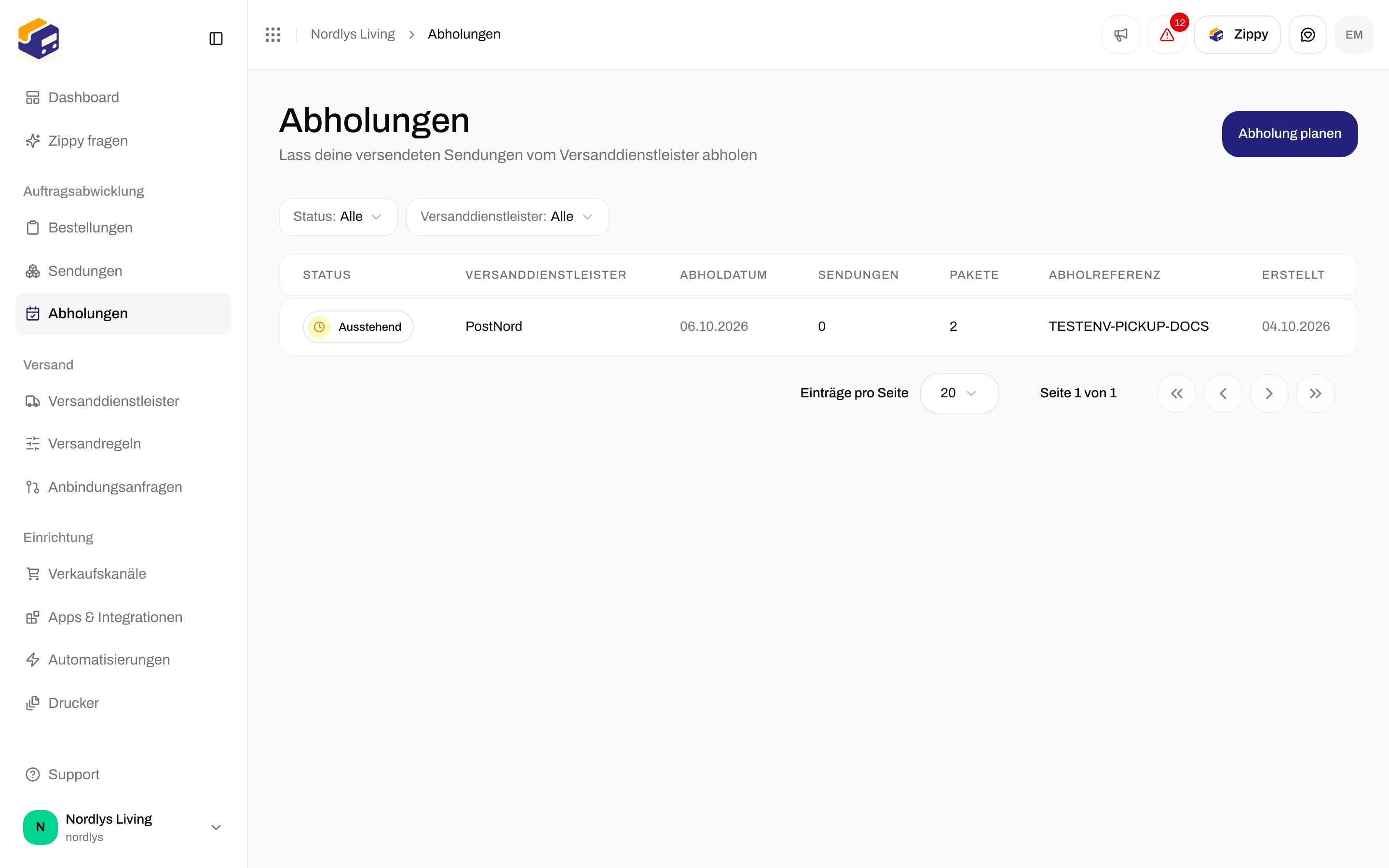 Liste der Abholungen mit einer geplanten PostNord-Abholung