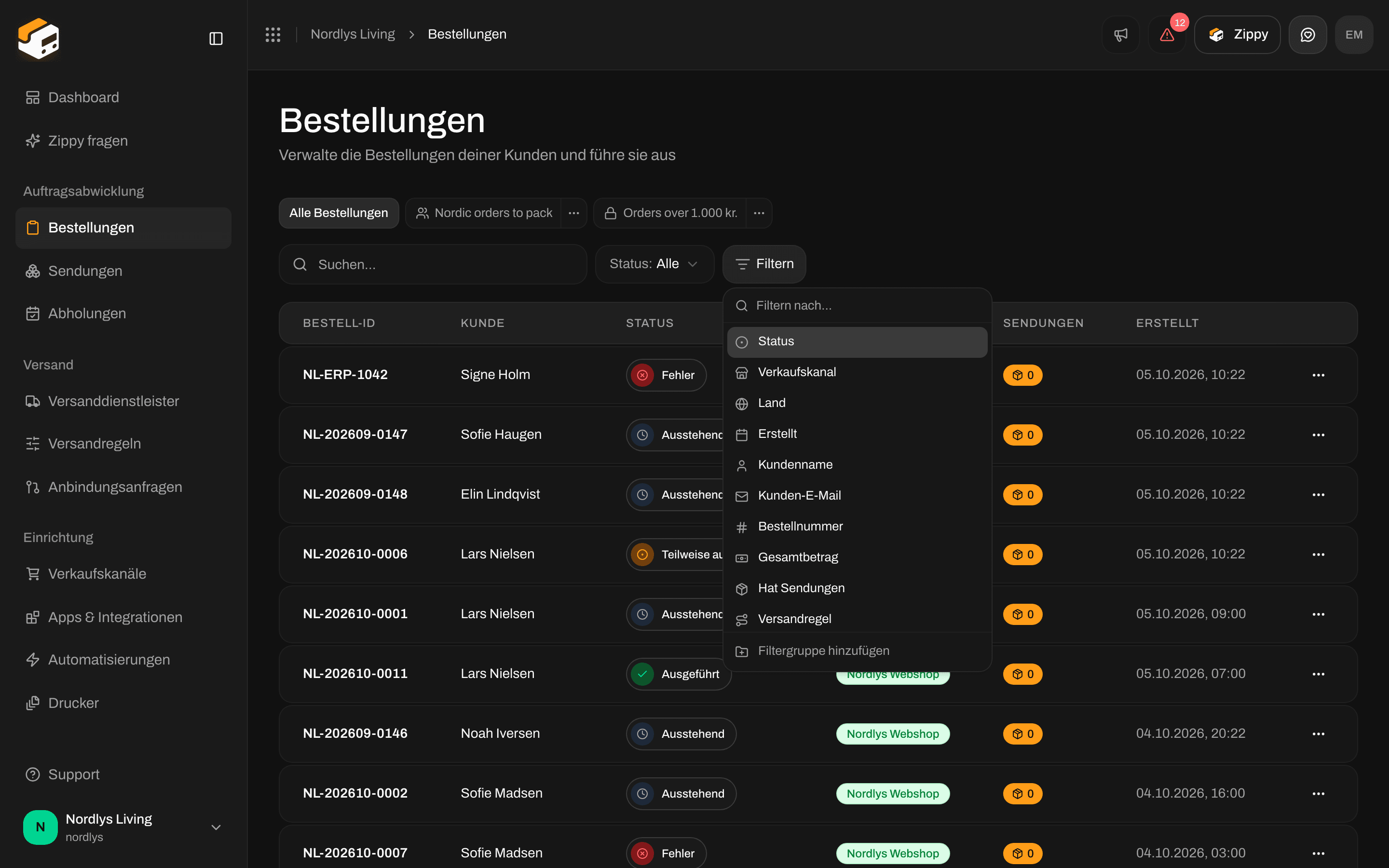 Liste Bestellungen mit geöffnetem Menü Filtern, das Status, Verkaufskanal, Land, Erstellt und mehr auflistet
