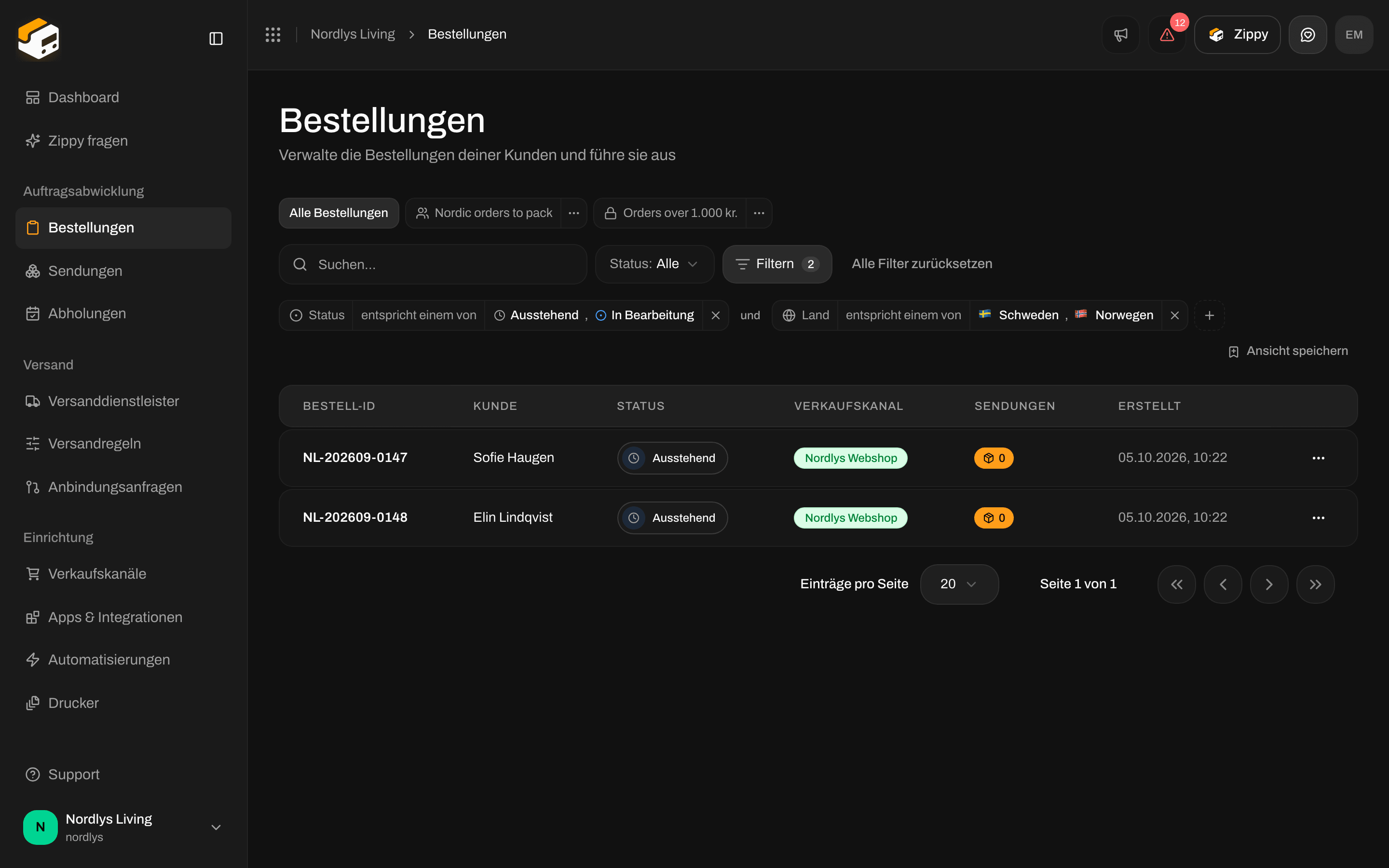 Liste Bestellungen, eingegrenzt durch ein Tag Status und ein Tag Land, verbunden durch das Wort und