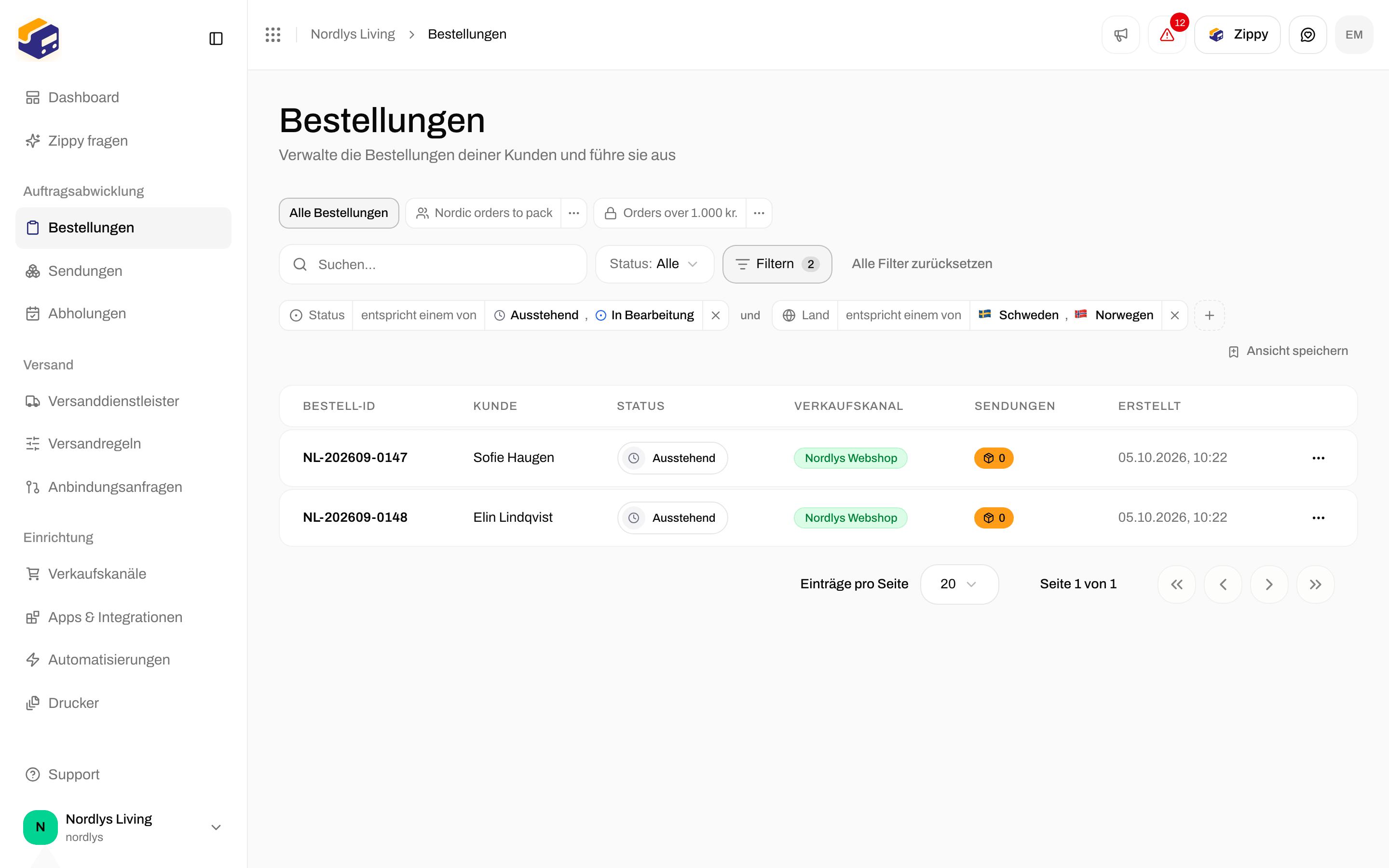 Liste Bestellungen, eingegrenzt durch ein Tag Status und ein Tag Land, verbunden durch das Wort und