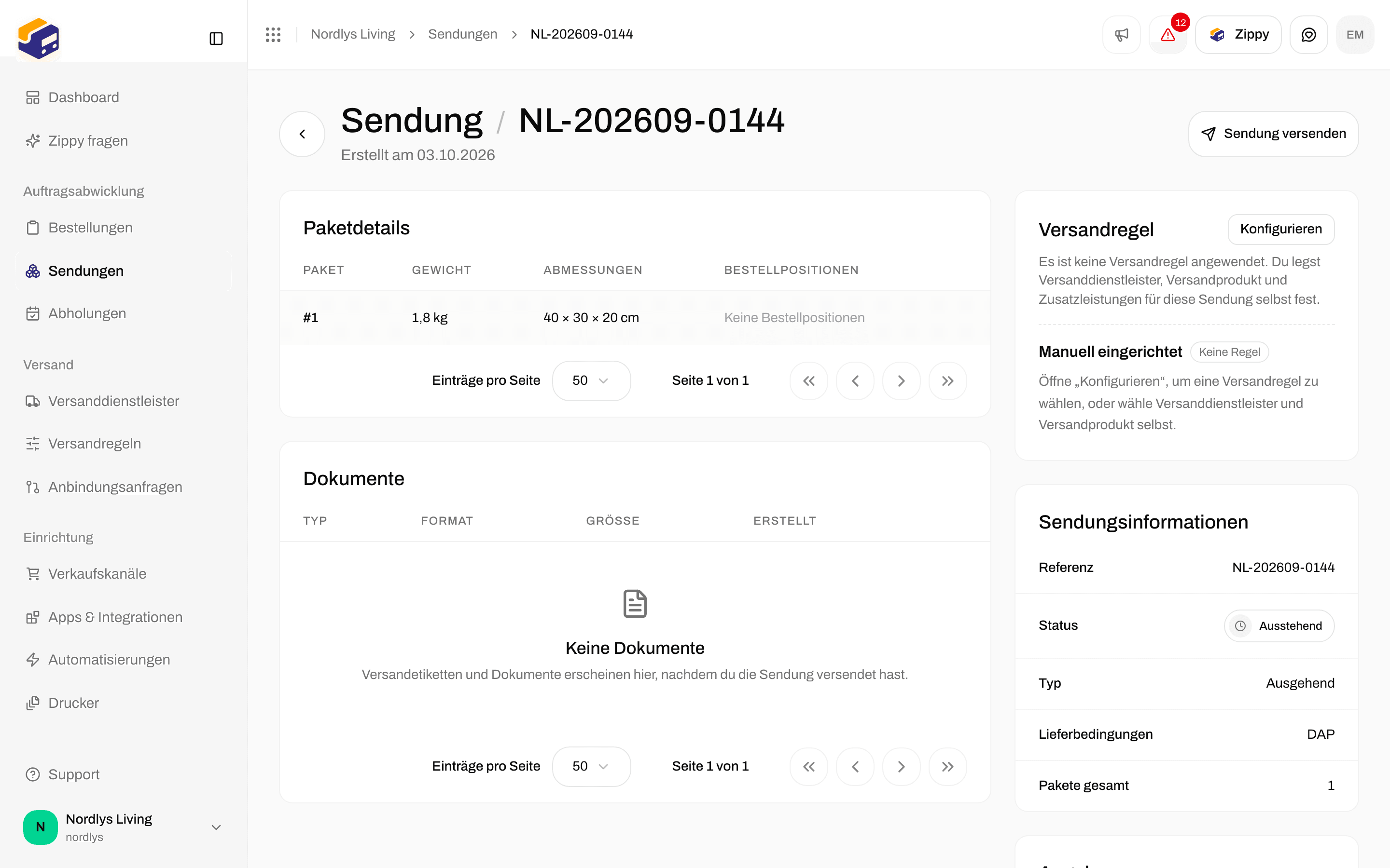 Ausstehende Sendung mit Sendung versenden oben auf der Seite
