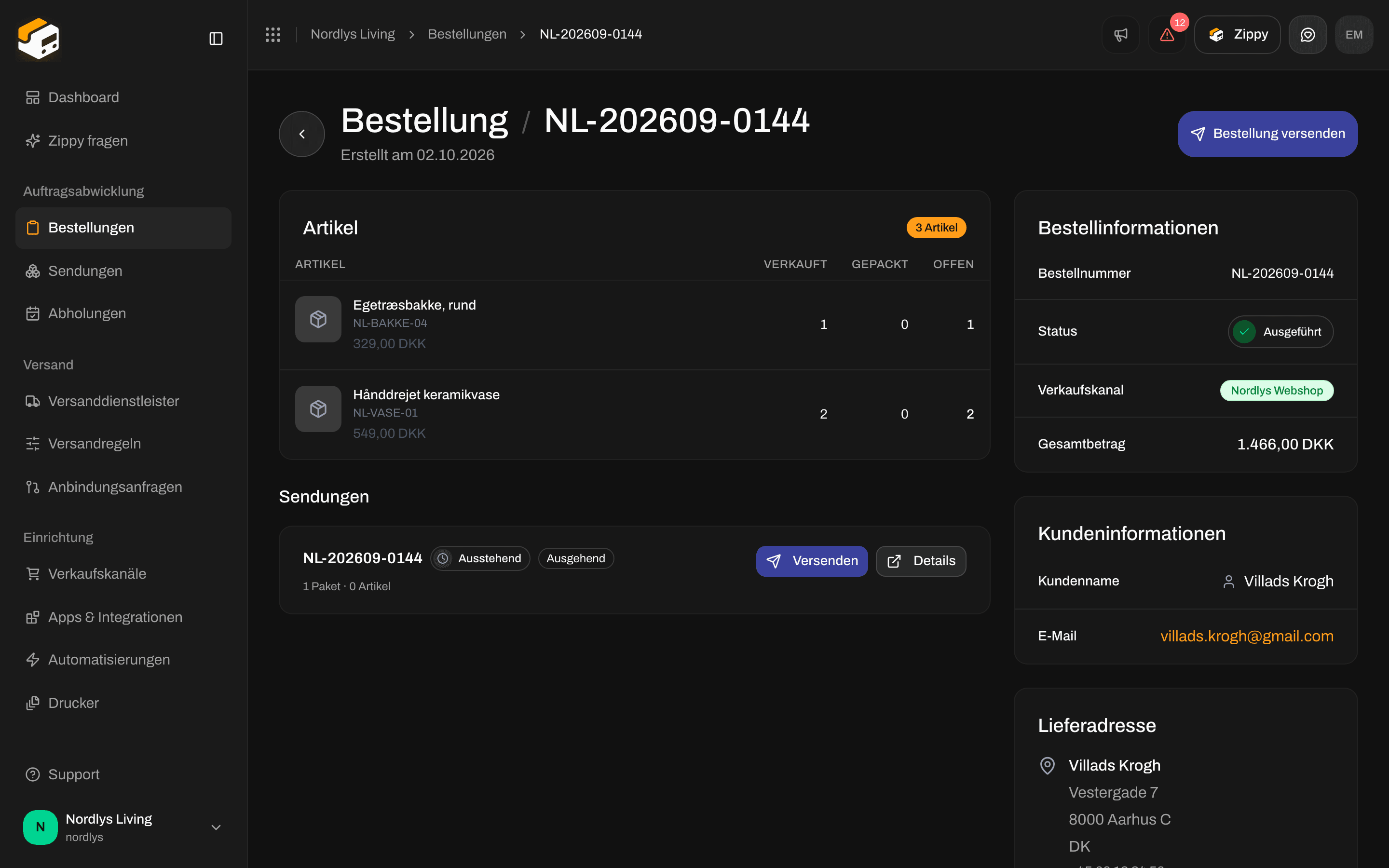 Tab Sendungen einer Bestellung mit Bestellung versenden oben und einer Karte für eine ausstehende Sendung