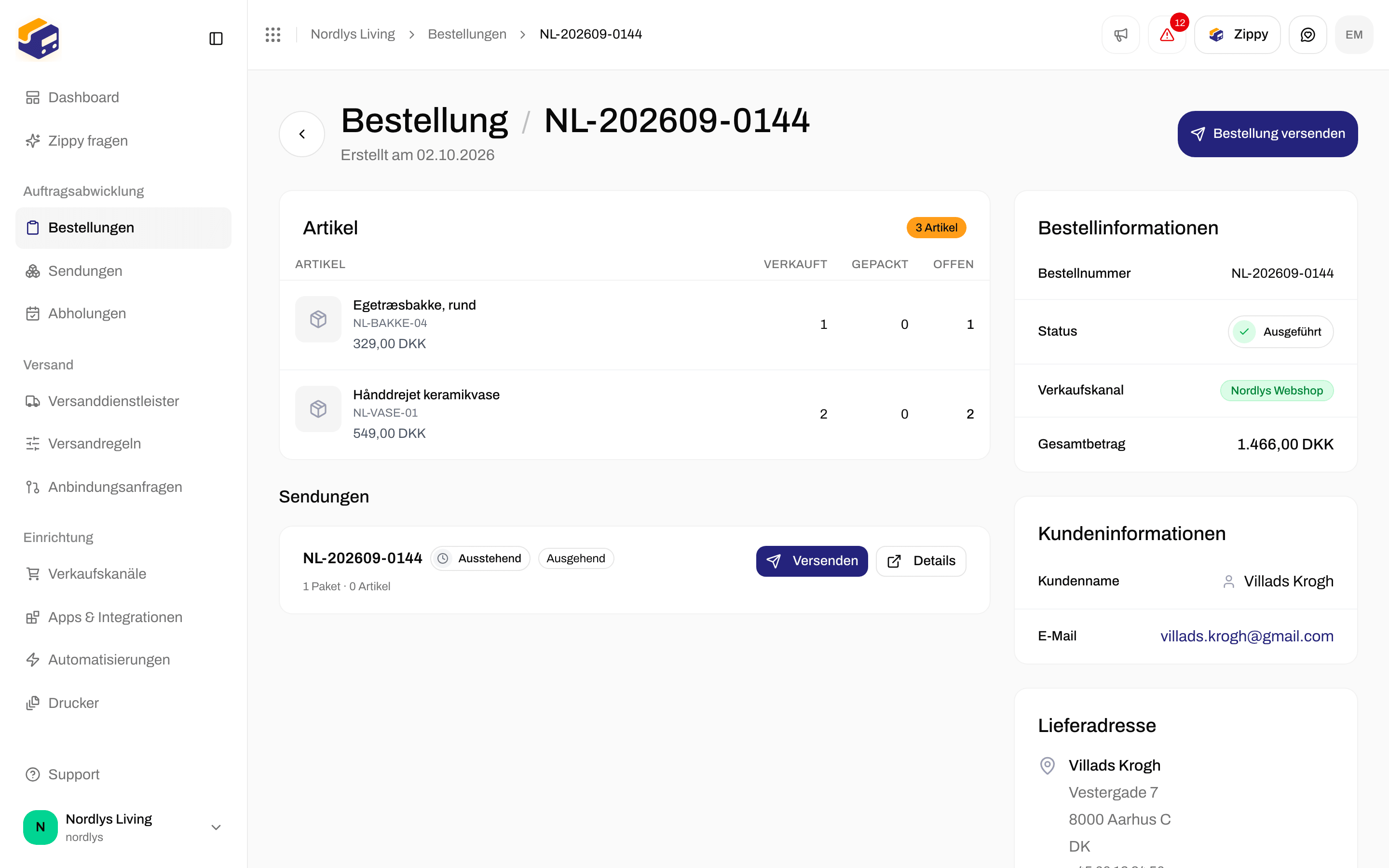 Tab Sendungen einer Bestellung mit Bestellung versenden oben und einer Karte für eine ausstehende Sendung