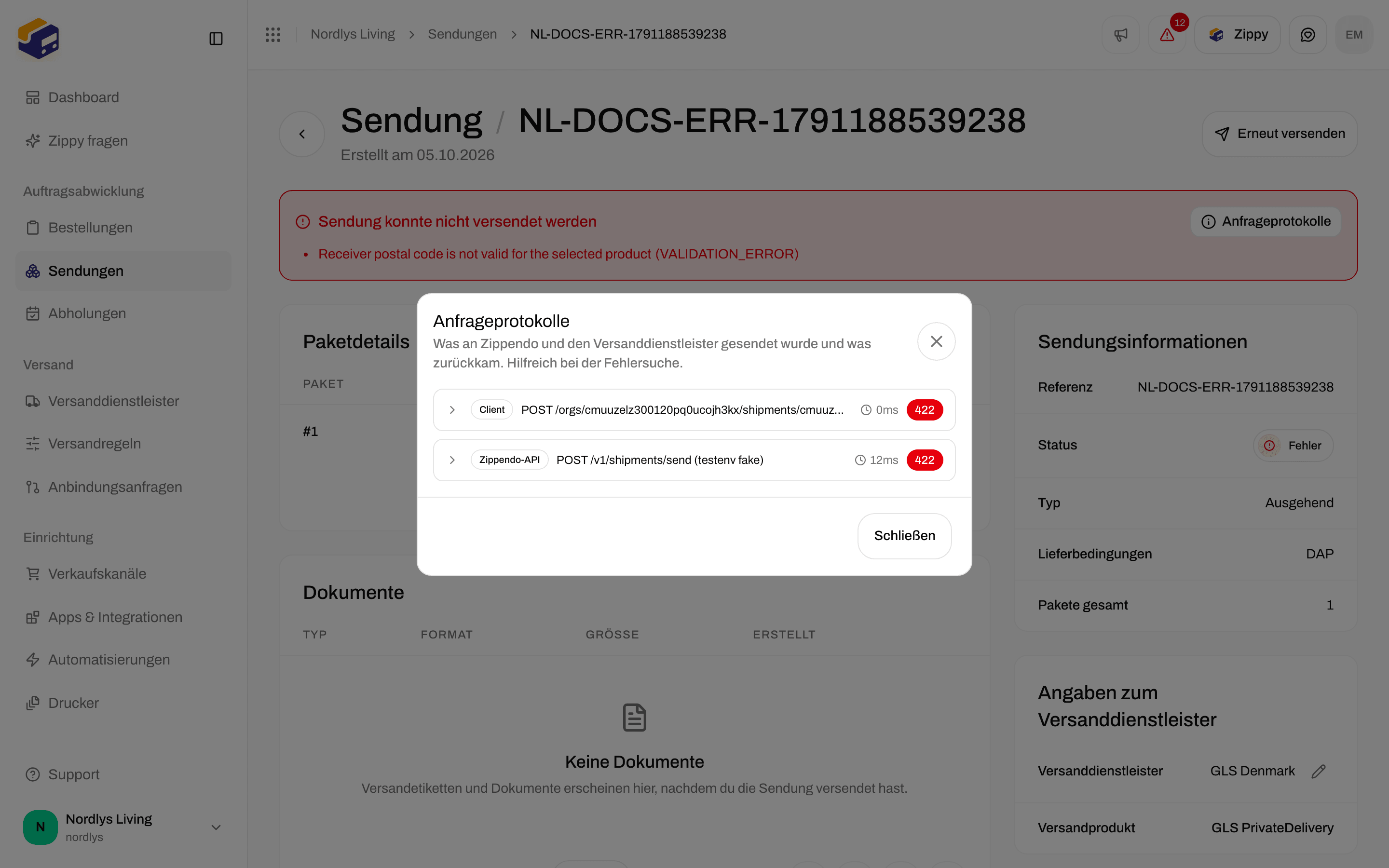 Fenster Anfrageprotokolle mit Anfrage- und Antwortdaten zur Fehlersuche