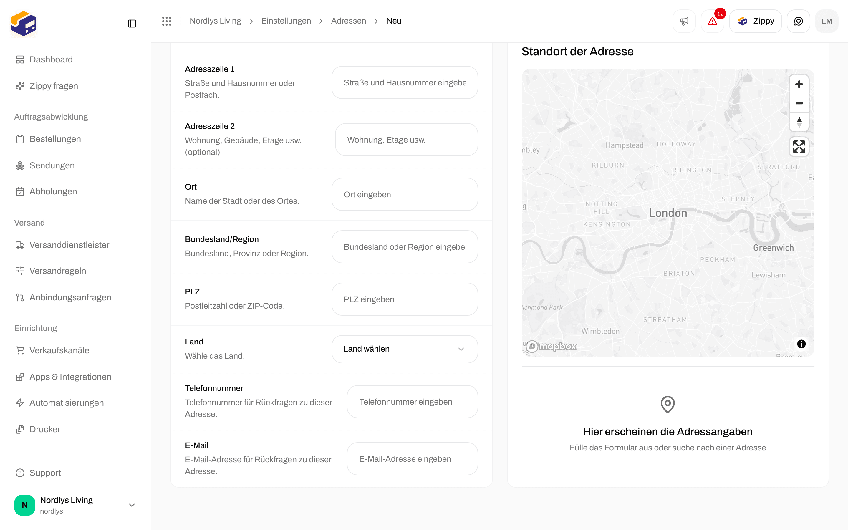 Restliche Felder von Adresse hinzufügen: Adresszeile 2, Ort, Bundesland/Region, PLZ, Land, Telefonnummer, E-Mail