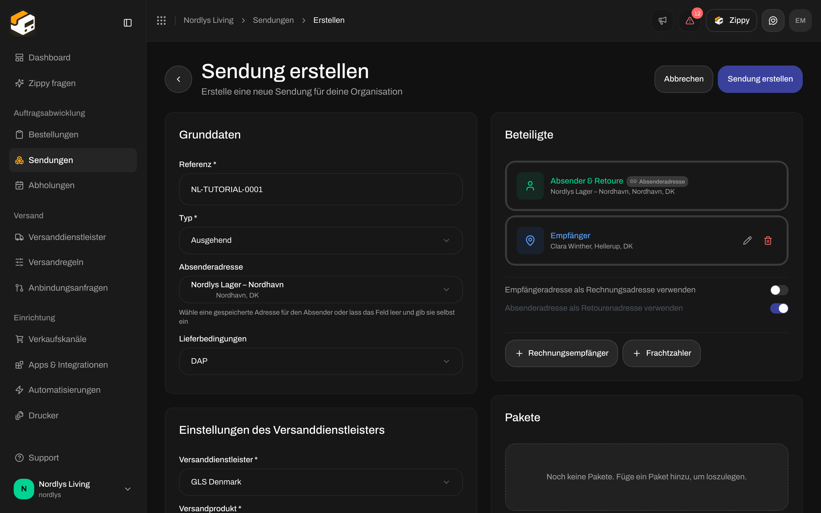 Karte Beteiligte mit aus der Absenderadresse gesperrtem Absender und Retoure, einer Zeile Empfänger und den Schaltern für gleiche Adressen